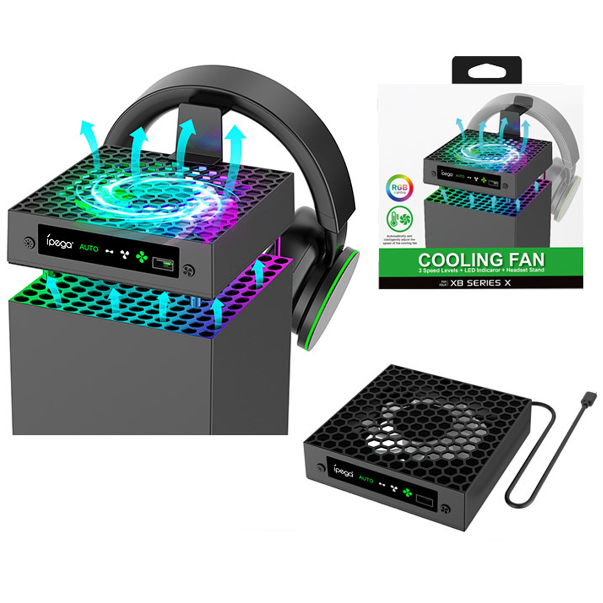 Kühlventilator für eine Spielekonsole, mit Headset-Ständer und RGB-Beleuchtung.