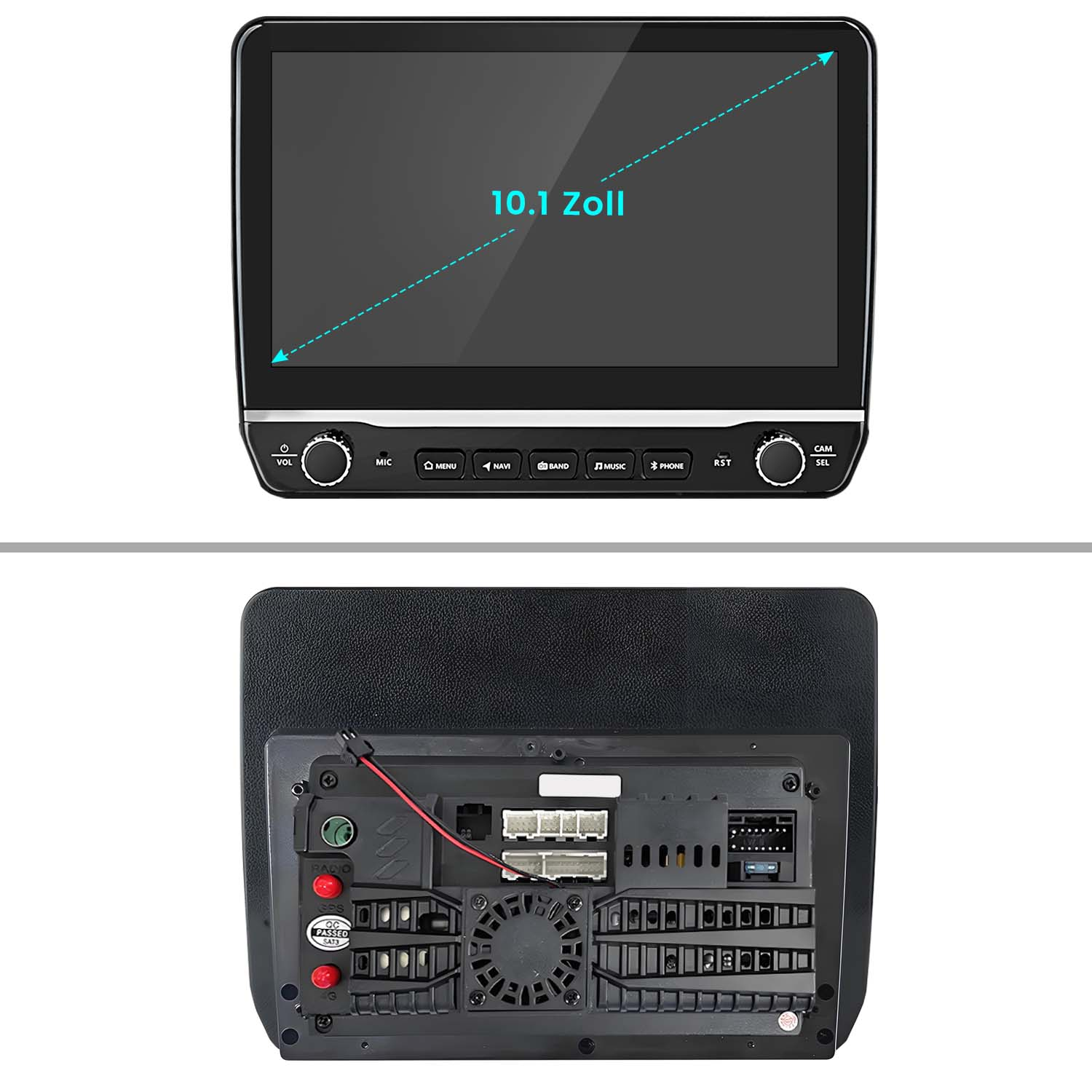 Auto-Multimedia-Player, schwarz mit großem Touchscreen. Die Rückseite mit Kabeln und Lüfter.