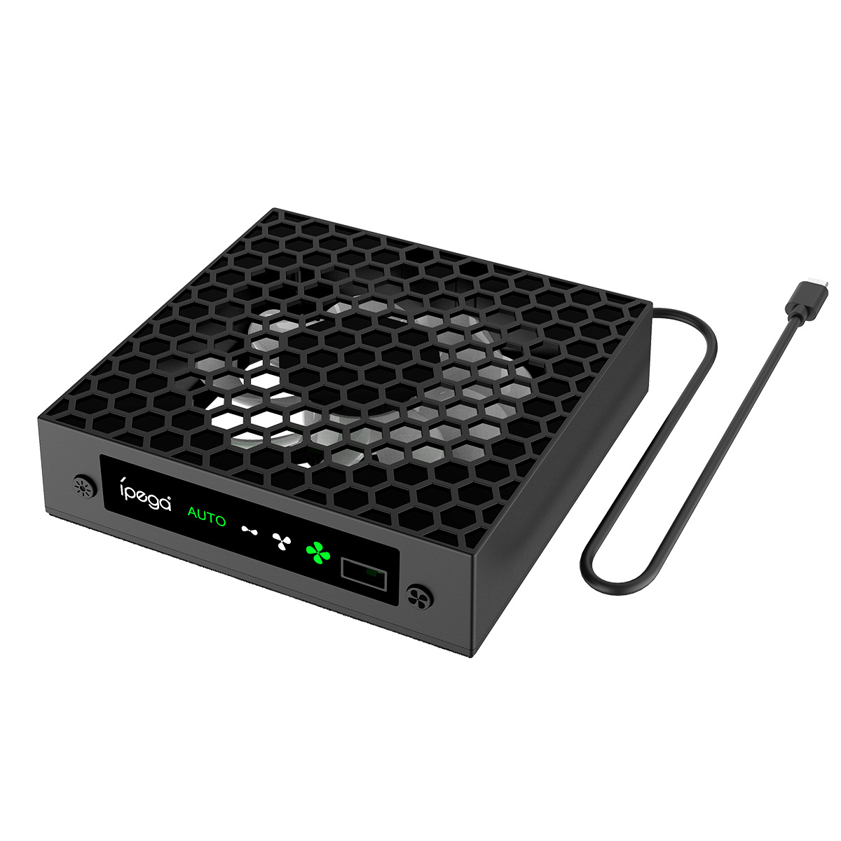 Schwarzes, quadratisches Gerät mit Wabenmuster und USB-Kabel, auf weißem Hintergrund.