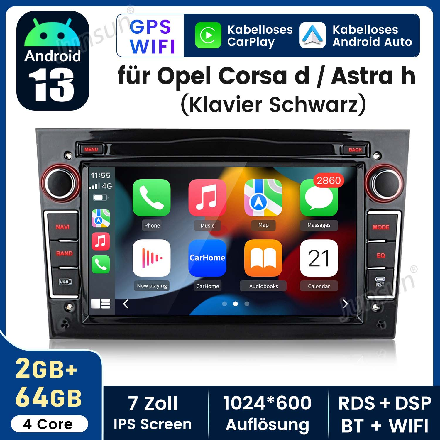 Autoradio mit Touchscreen, zeigt verschiedene App-Symbole.