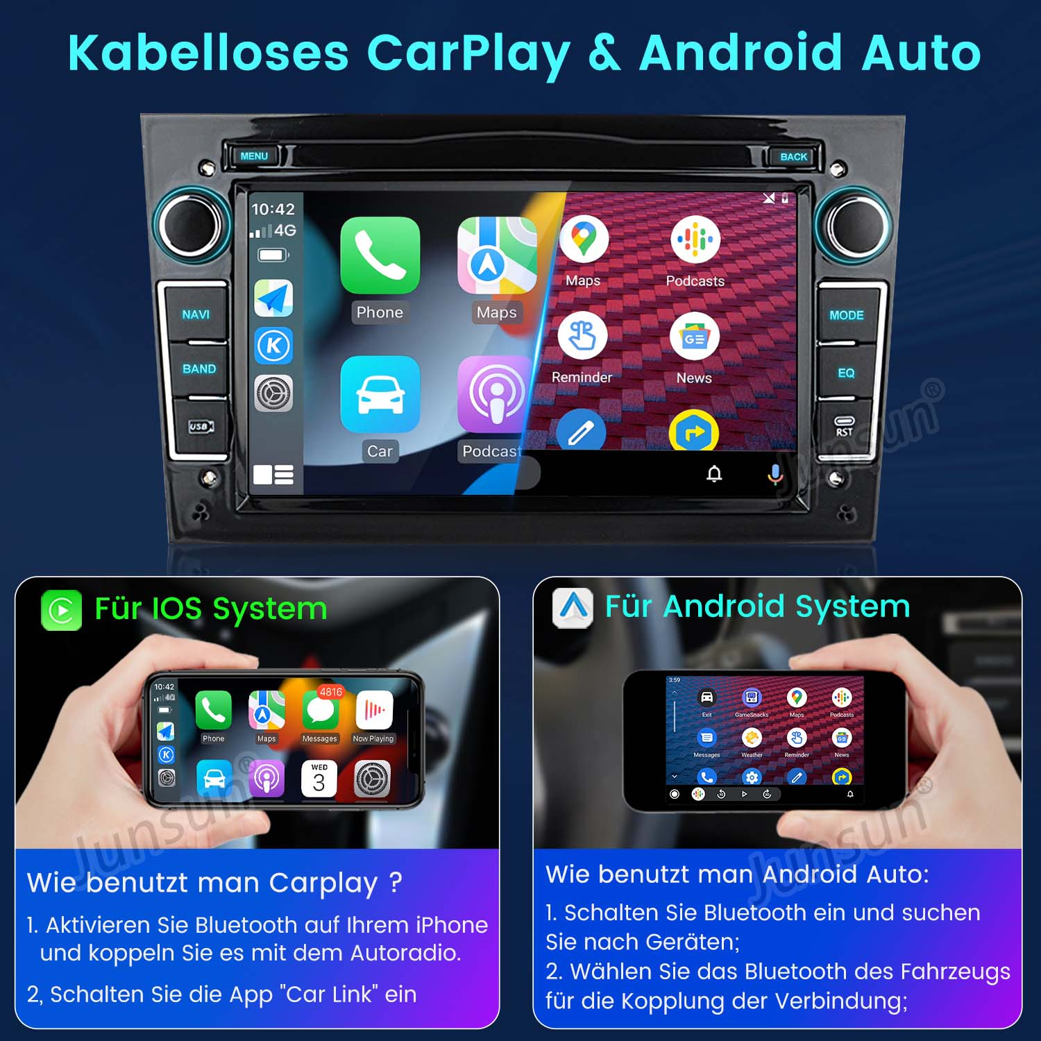 Autoradio mit Bildschirm und zwei Handys, die die Verwendung von CarPlay/Android Auto zeigen.