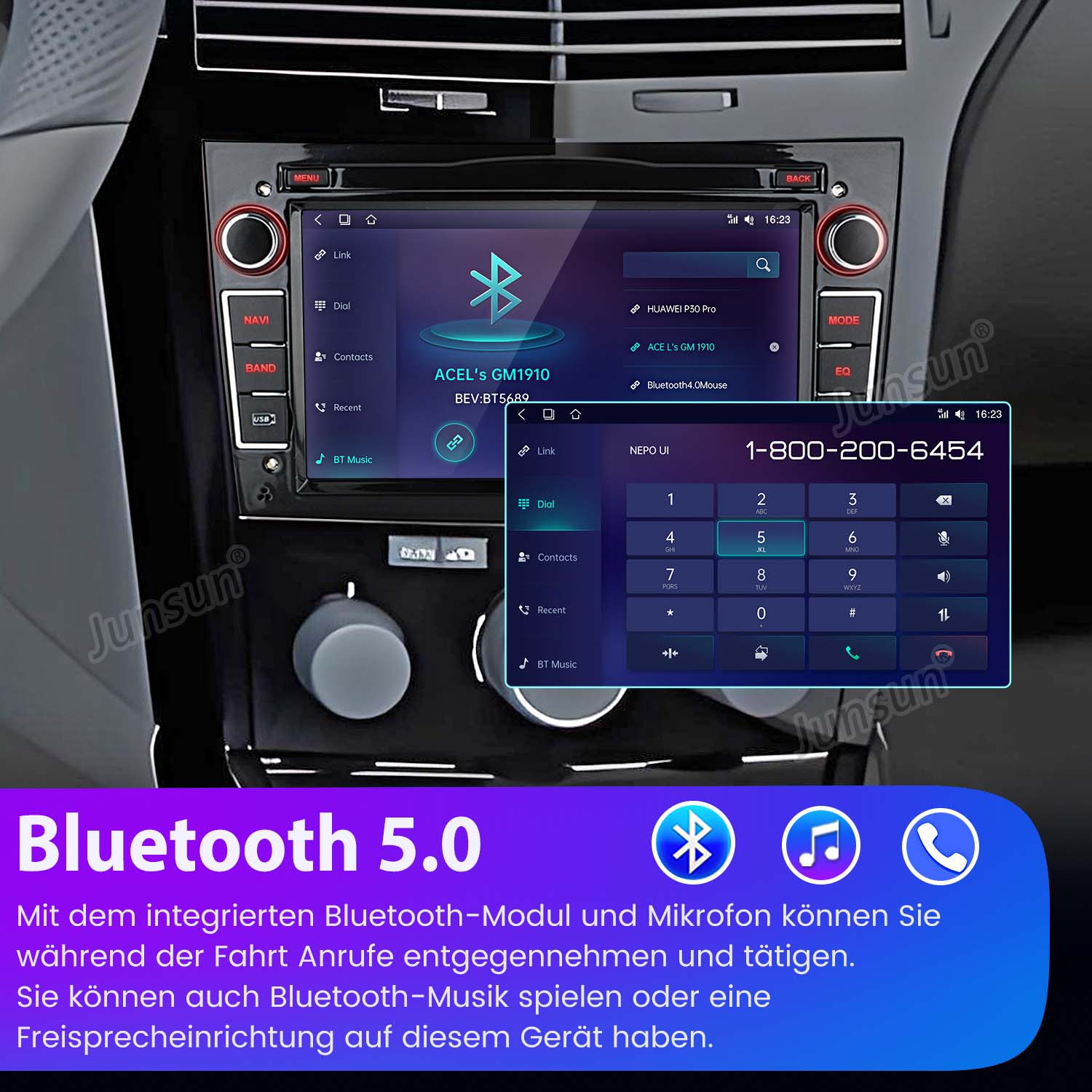Autoradio mit Touchscreen-Oberfläche, die einen Telefonwähl-Bildschirm zeigt.