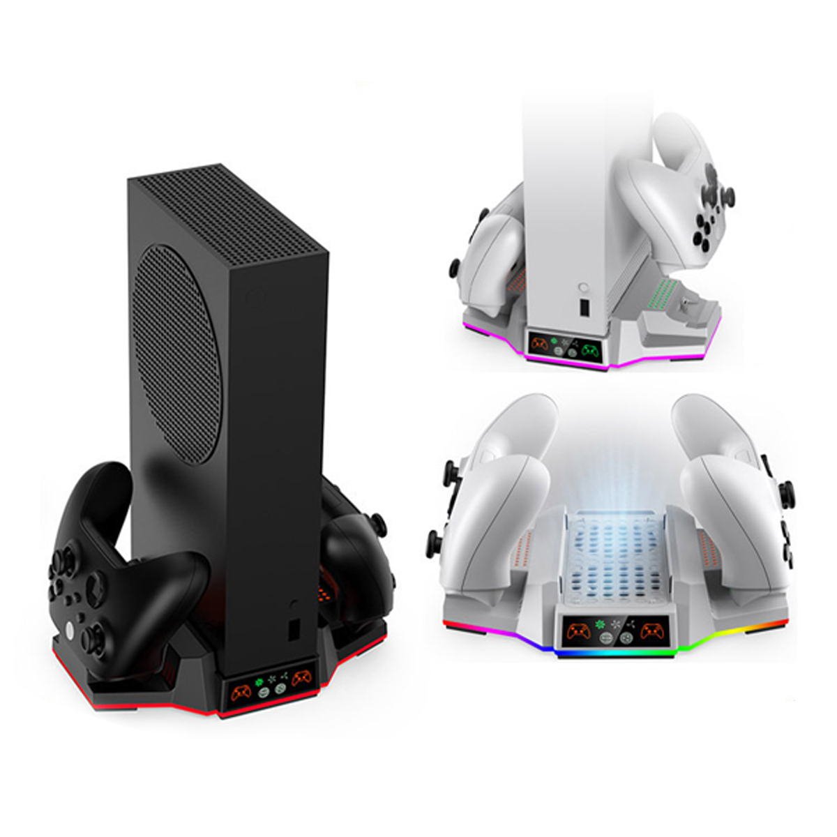 Schwarze Xbox Series X Konsole mit Controllern in Ladestation, zeigt bunte Lichter.