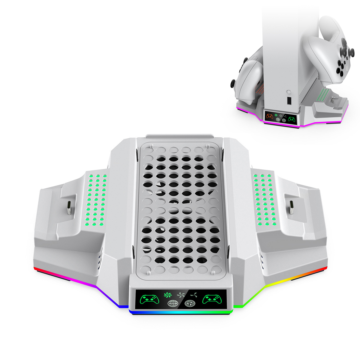 Weißer Gaming-Konsolenständer. RGB-Lichter. Zwei Controller oben.