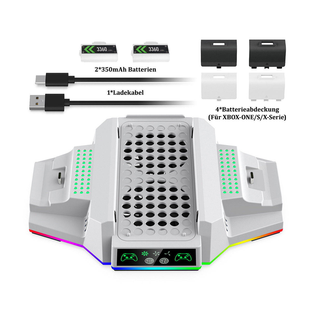 Gaming-Zubehör: eine Ladestation, Batterien und Batterieabdeckungen für Xbox One/S/X. Weiß und Schwarz.
