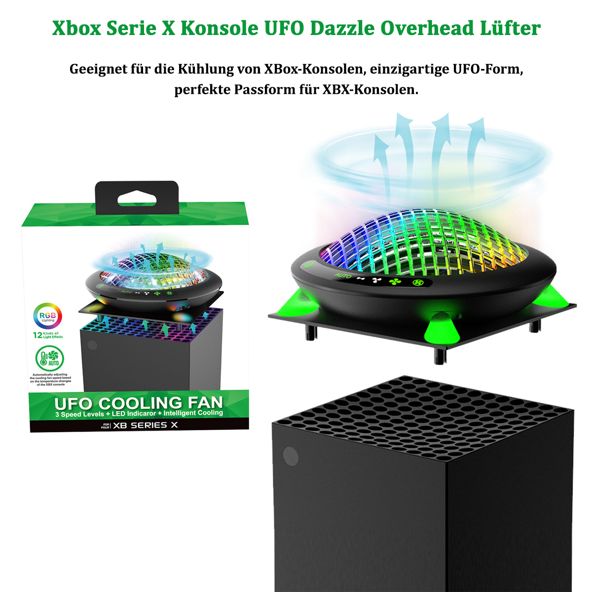 Schwarze Xbox Series X Konsole mit UFO-Kühler.