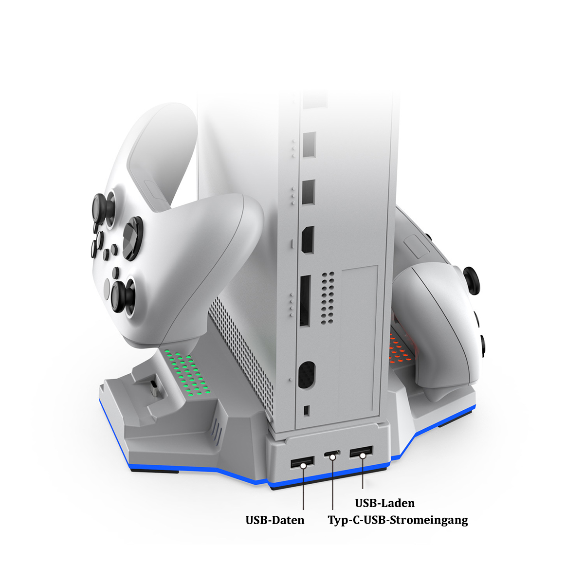 Graue Konsole für Controller. Zwei Controller auf jeder Seite. Anschlüsse zum Aufladen. Blaue und grüne Lichter.