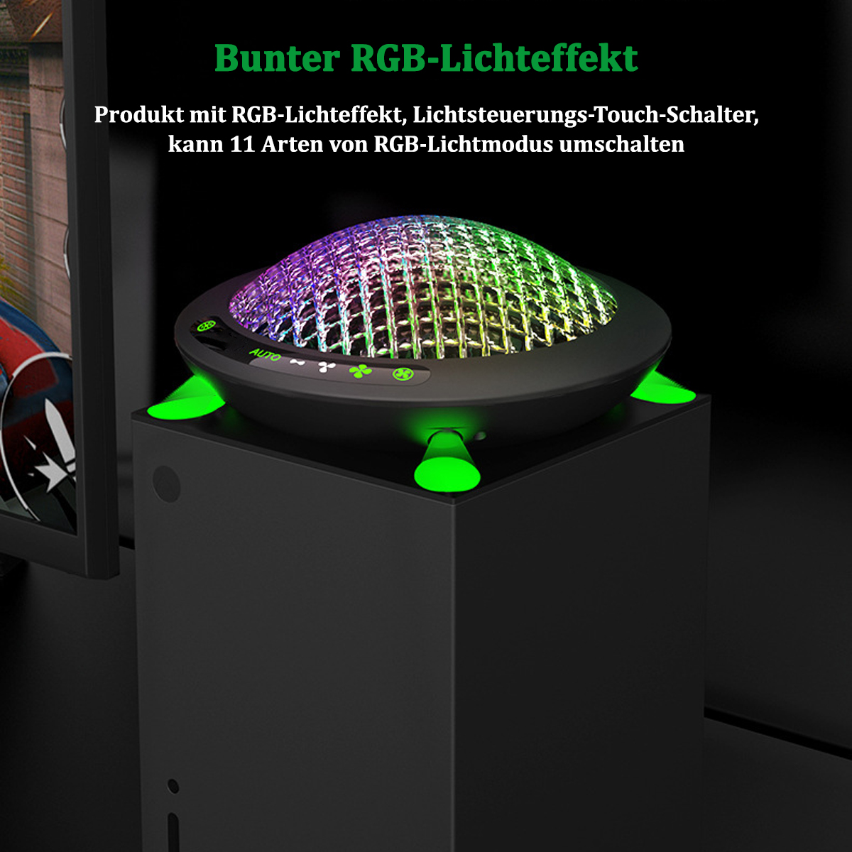 Ein schwarzes Gerät mit mehrfarbiger Lichtanzeige, das auf einer schwarzen Konsole steht.