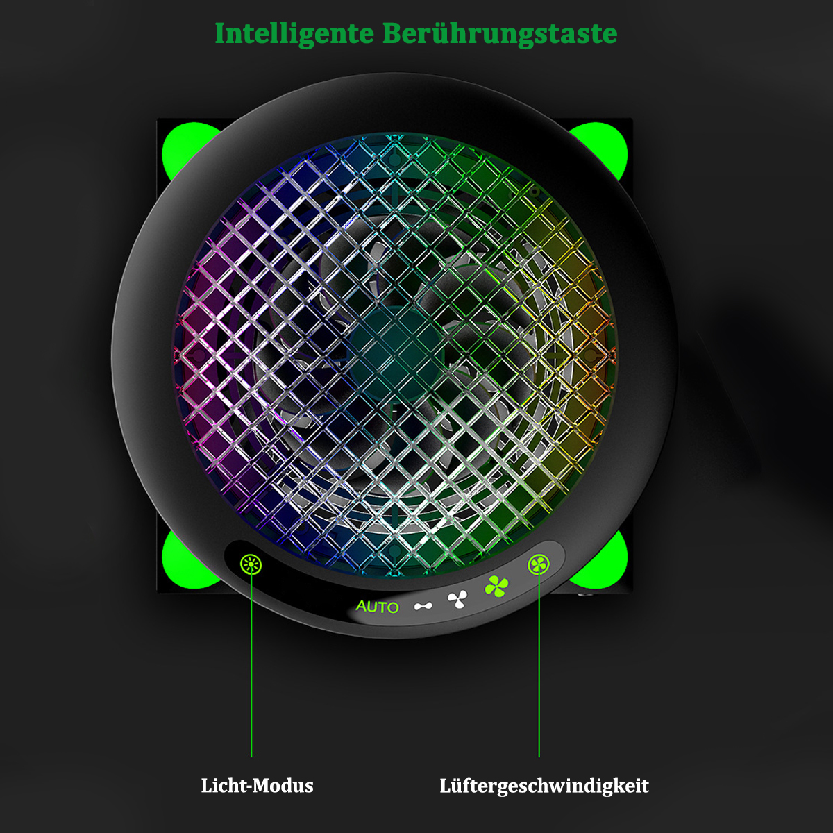 Schwarzes, rundes Gerät mit bunten Lichtern und Knöpfen. Hat Text: Intelligente Berührungstaste.