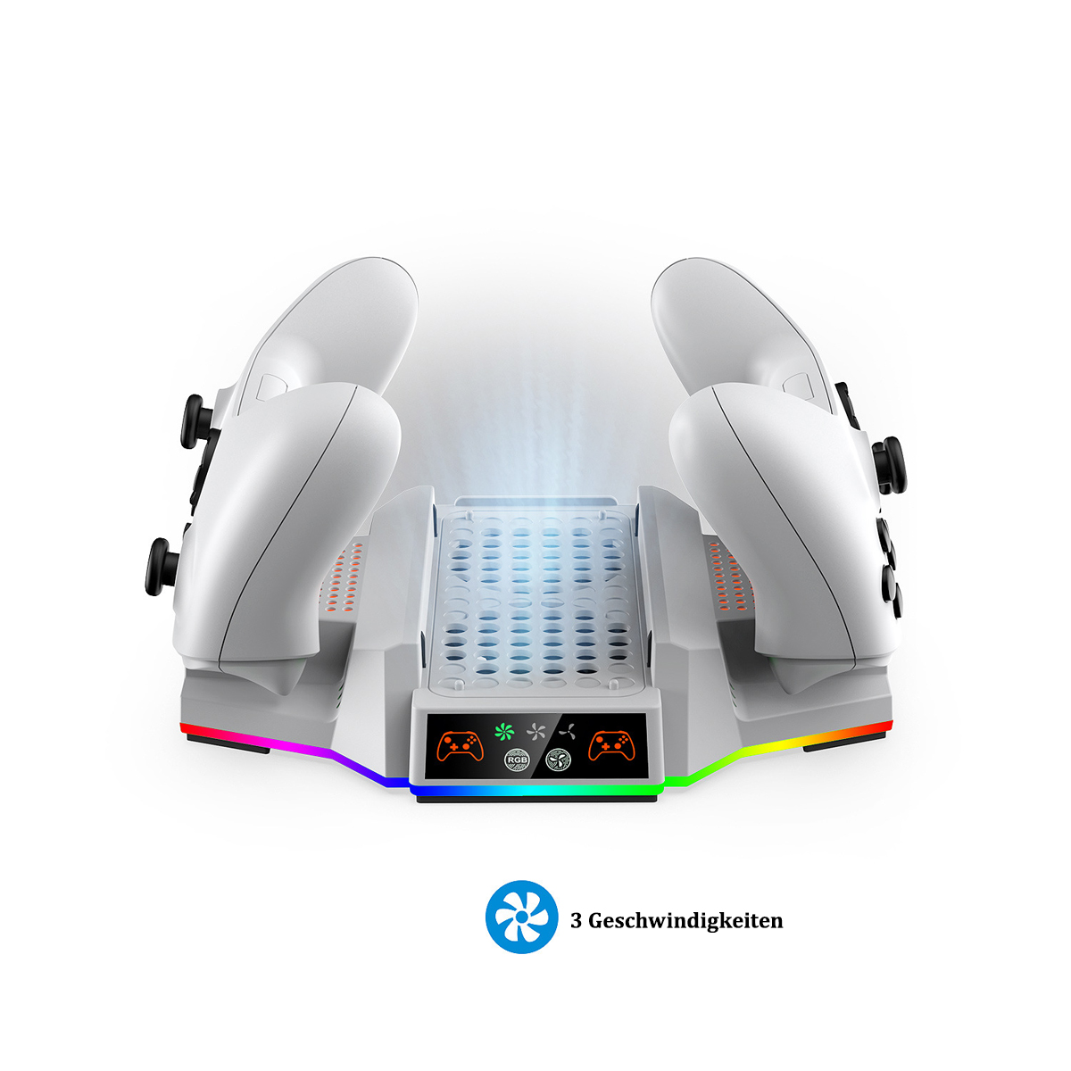 Weiße Gaming-Controller-Ladestation. Zwei Controller sind auf dem Ständer platziert.