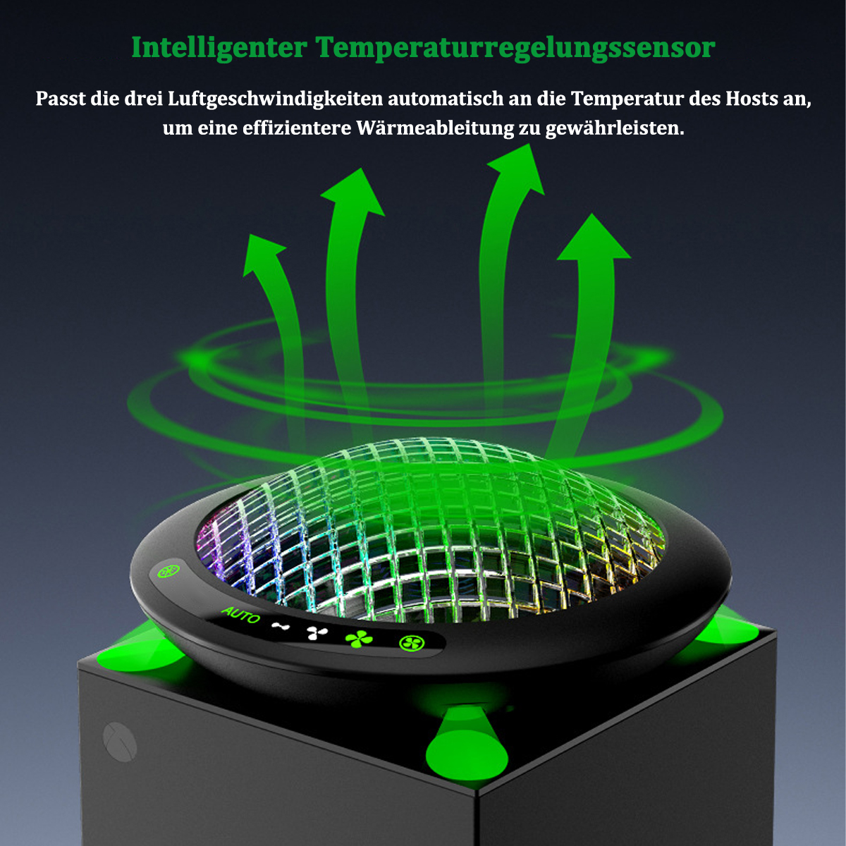 Schwarzes Gerät mit Gitter und Pfeilen, mit grünem Leuchten, über einer schwarzen Box.