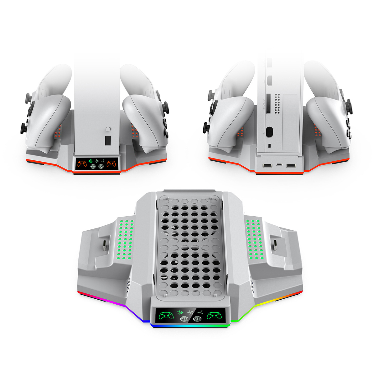 Eine weiße Spielkonsole mit Controllern. Es hat ein Kühlsystem und bunte LED-Leuchten.