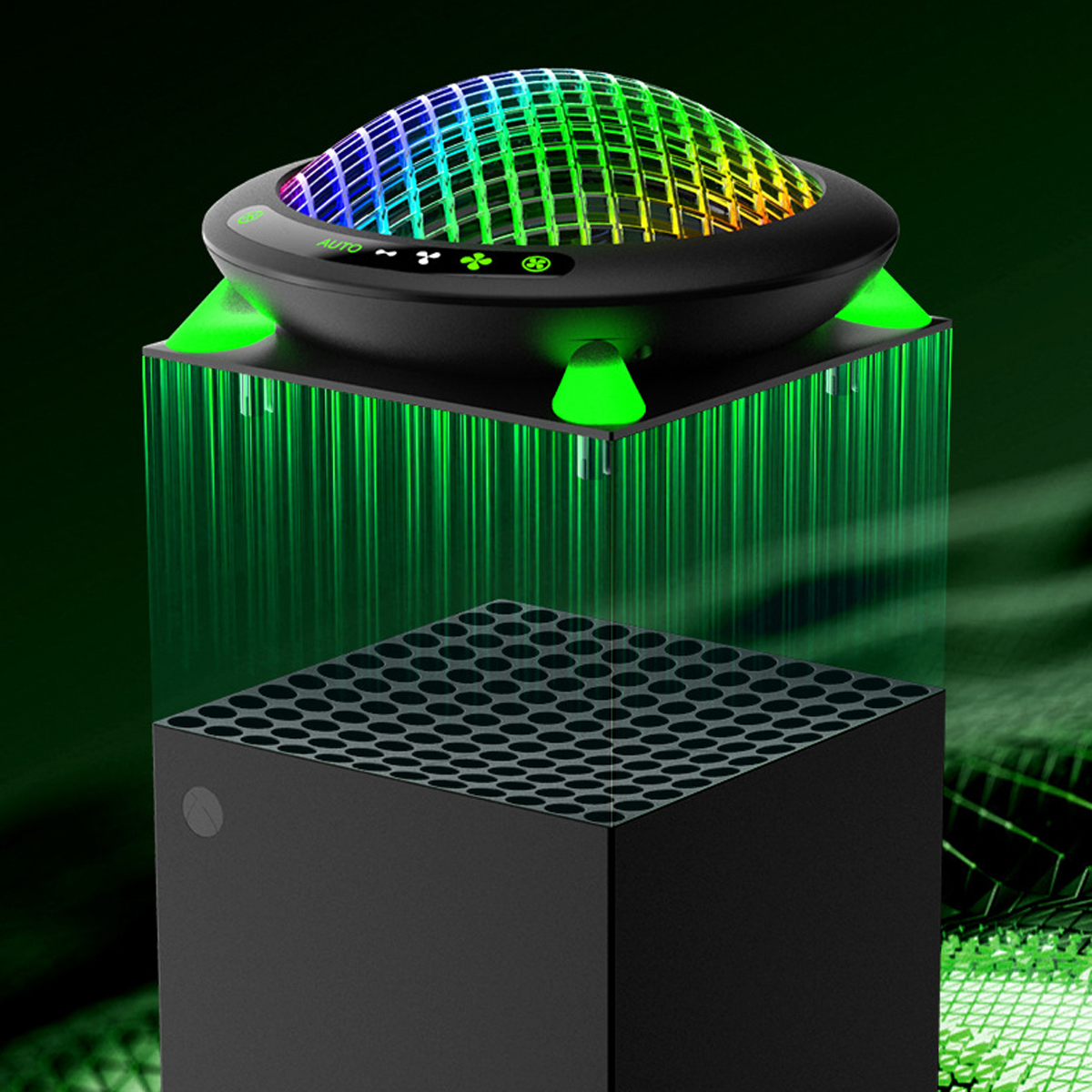 Eine Xbox-Konsole mit einer farbenfrohen Lichtanzeige oben drauf.