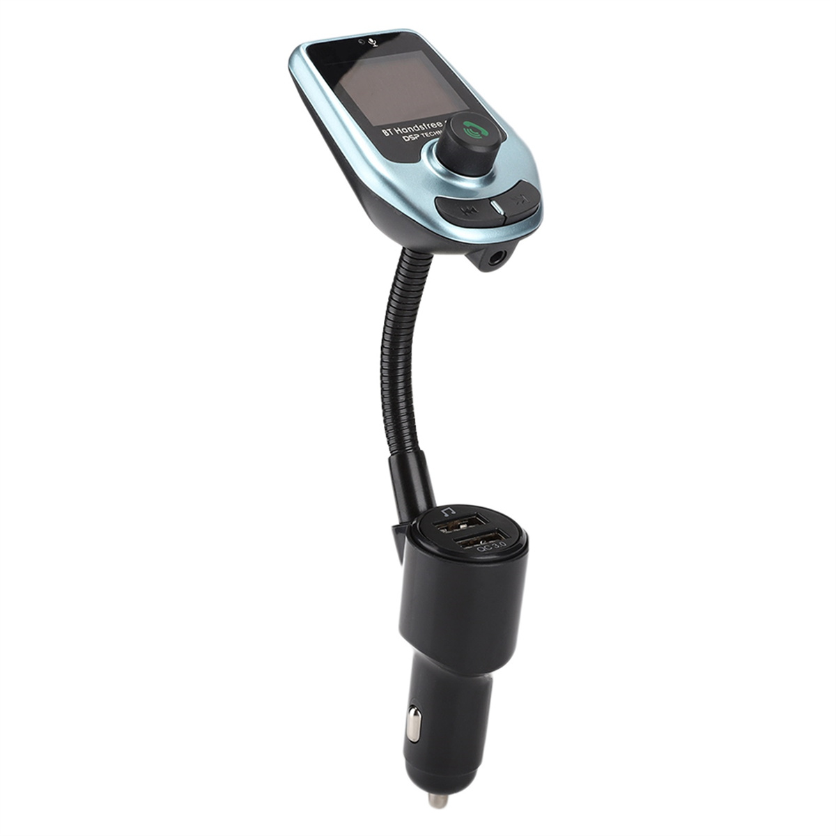 Ein Bluetooth-Gerät für Autos mit flexiblem Hals und USB-Anschlüssen. Es ist schwarz und blau, mit einem Bildschirm.