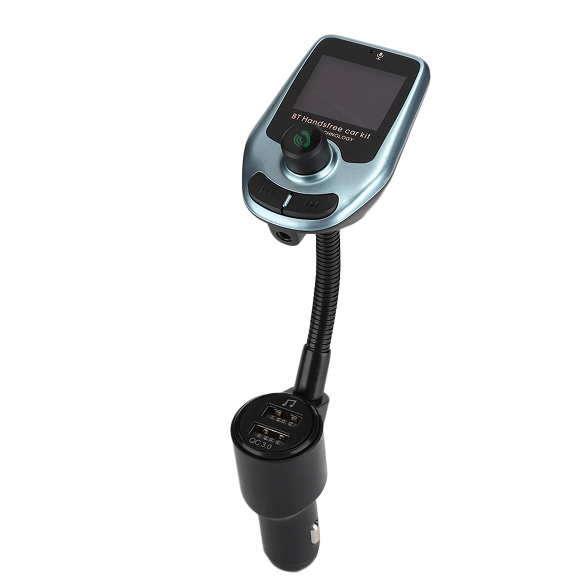 Kfz-Bausatz mit Bildschirm und USB-Anschlüssen. Es ist für den Anschluss an einen Zigarettenanzünder im Auto konzipiert.