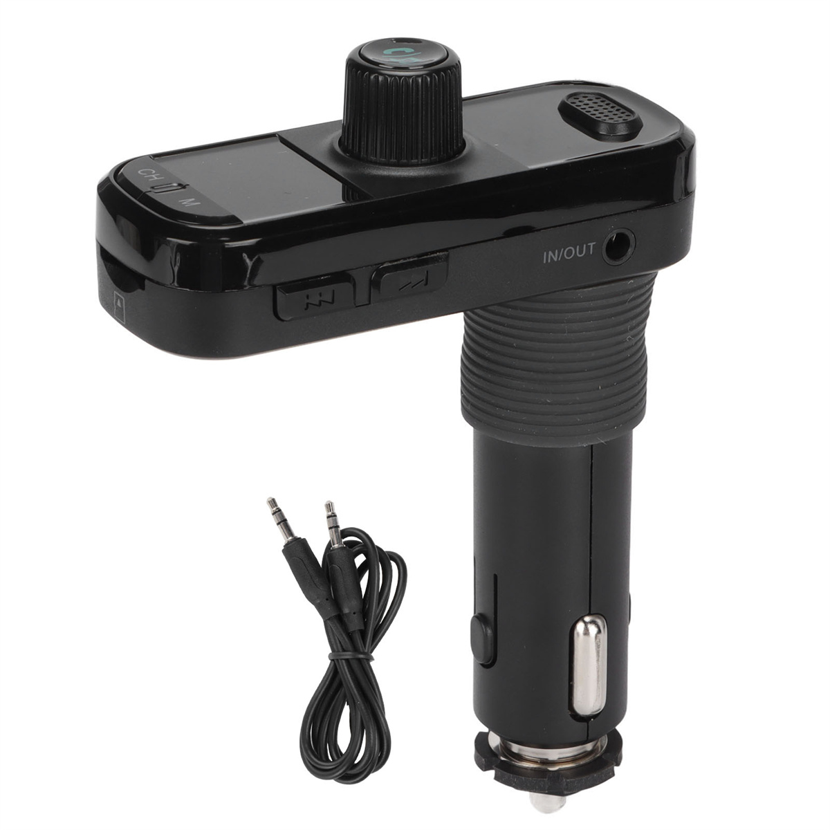 Schwarzer Auto-FM-Sender mit USB-Anschluss und kleinem Kabel. Hat einen Knopf und Tasten.