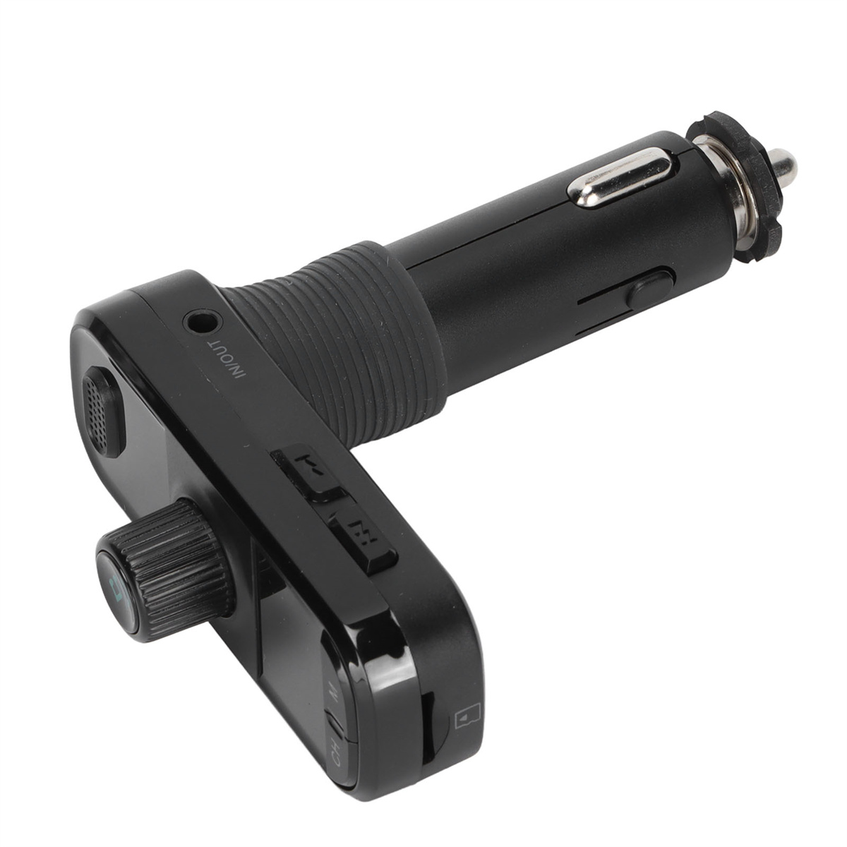 Schwarzer FM-Transmitter für das Auto. Verschiedene Knöpfe und ein Ein-/Ausgang.