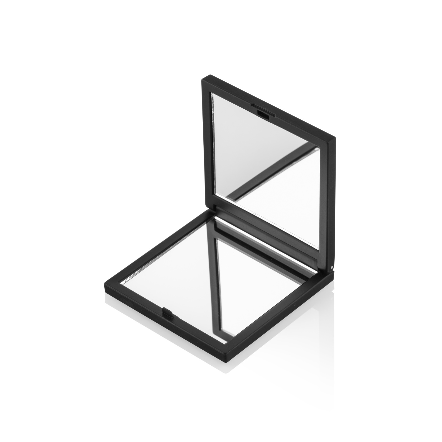 Schwarzer, offener, doppelseitiger Kompaktspiegel. Reflektierende Oberflächen.