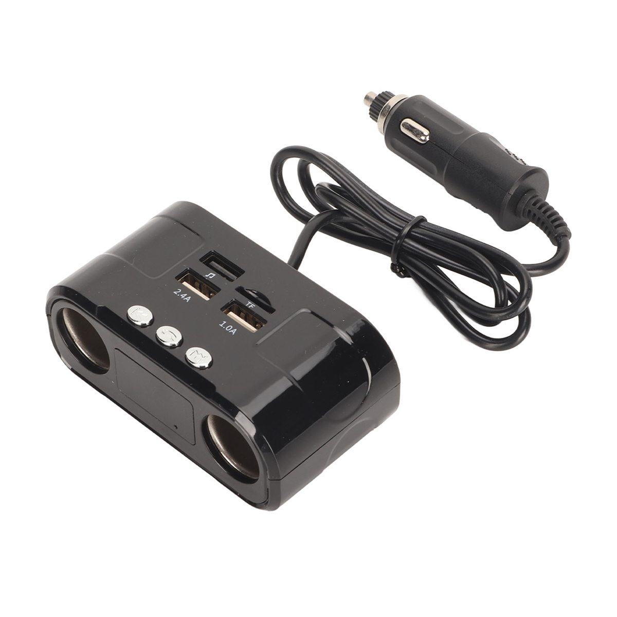 Schwarzes Autoladegerät mit zwei USB-Anschlüssen und zwei Zigarettenanzünderbuchsen.