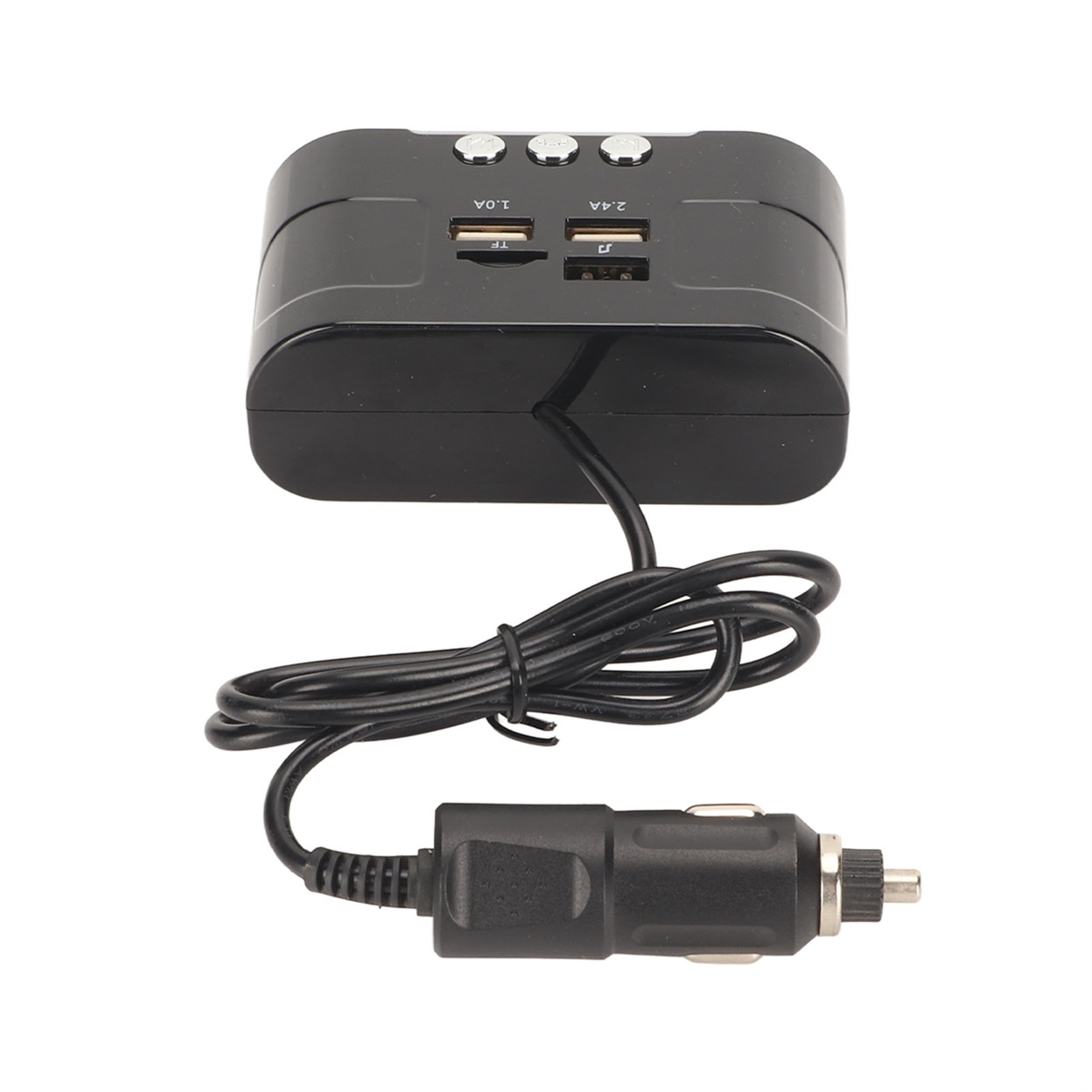 Schwarzes USB-Ladegerät mit mehreren Anschlüssen und einem Auto-Adapter. Weißer Hintergrund.