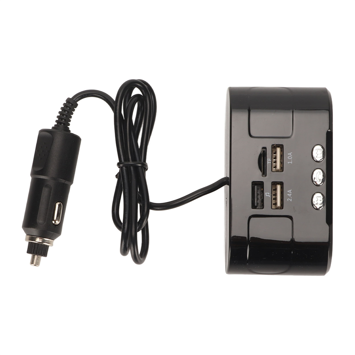 Schwarzes Autoladegerät mit USB-Anschlüssen. Enthält einen Ladeanschluss und zwei USB-Anschlüsse für Geräte.