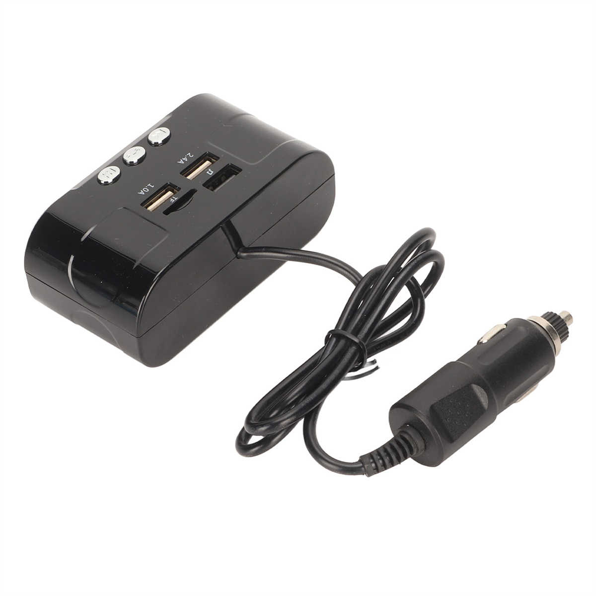 Ein schwarzes Autoladegerät mit USB-Anschlüssen und SD-Kartensteckplatz. Ein schwarzes Kabel und Stecker sind befestigt.