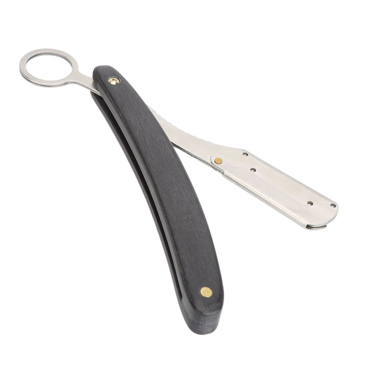 Ein Rasiermesser mit schwarzem Griff. Die Klinge ist offen und der Griff ist gebogen.