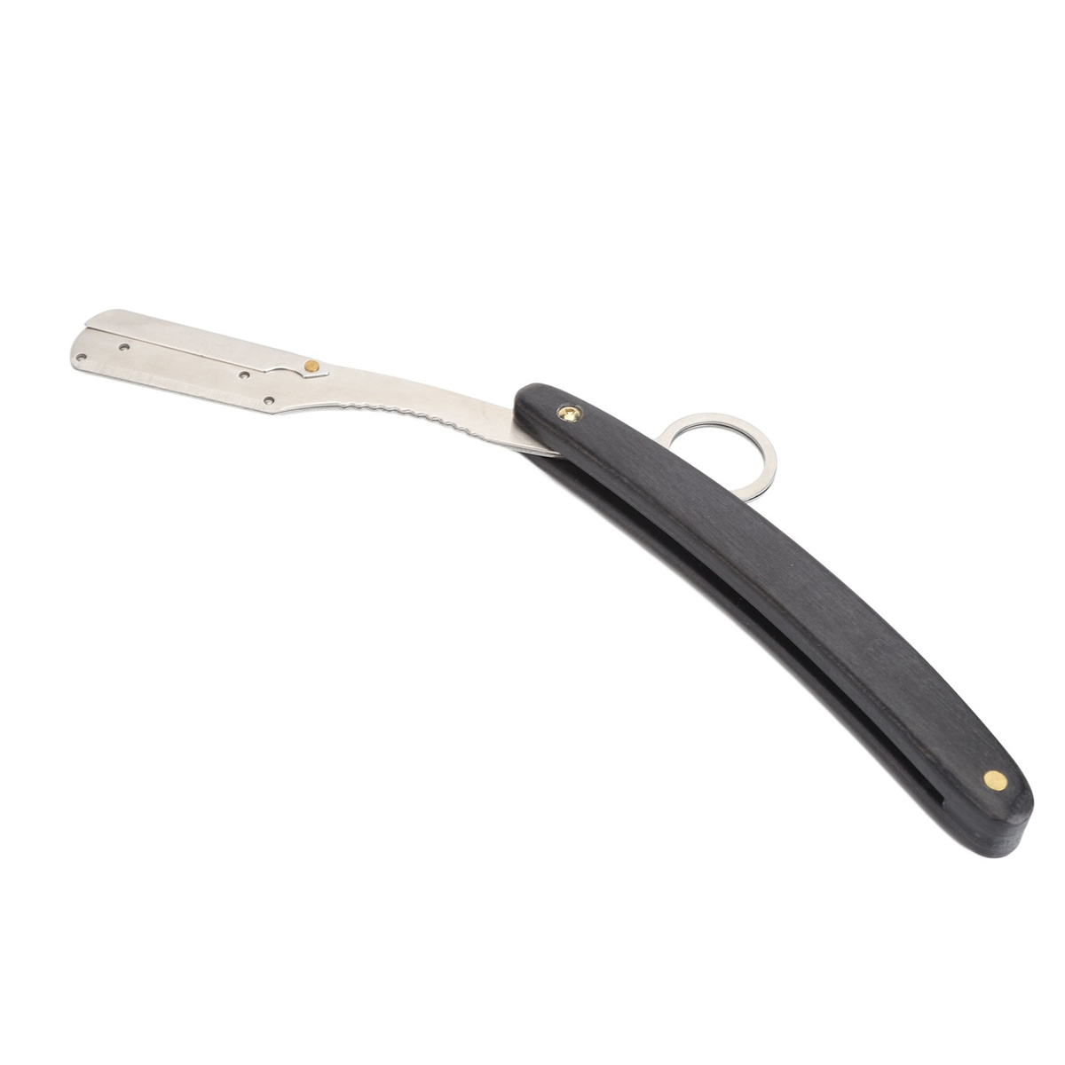 Ein Rasiermesser mit dunklem Holzgriff und silberner Klinge, geöffnet und bereit.