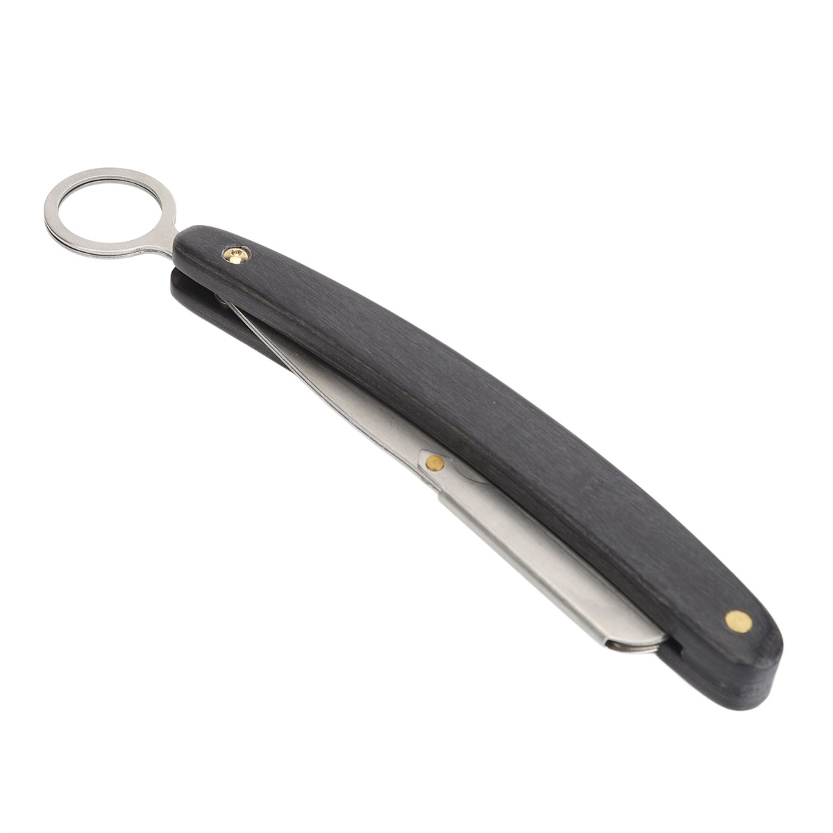 Schwarzer Rasiermesser mit Holzgriff, geschlossen und auf einer weißen Oberfläche liegend.