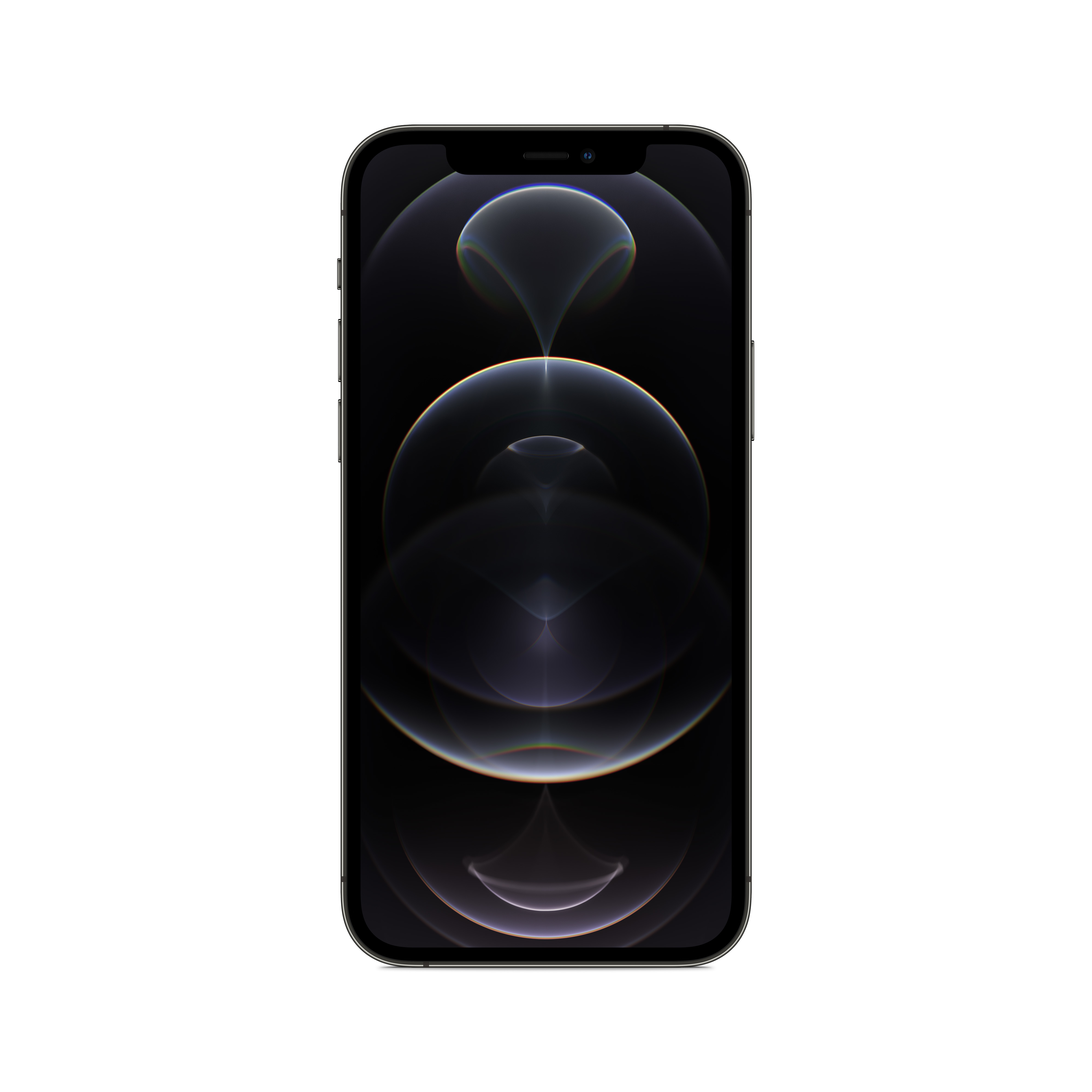 Czarny iPhone z czarnym ekranem. Ekran jest włączony i wyświetla biały wzór.