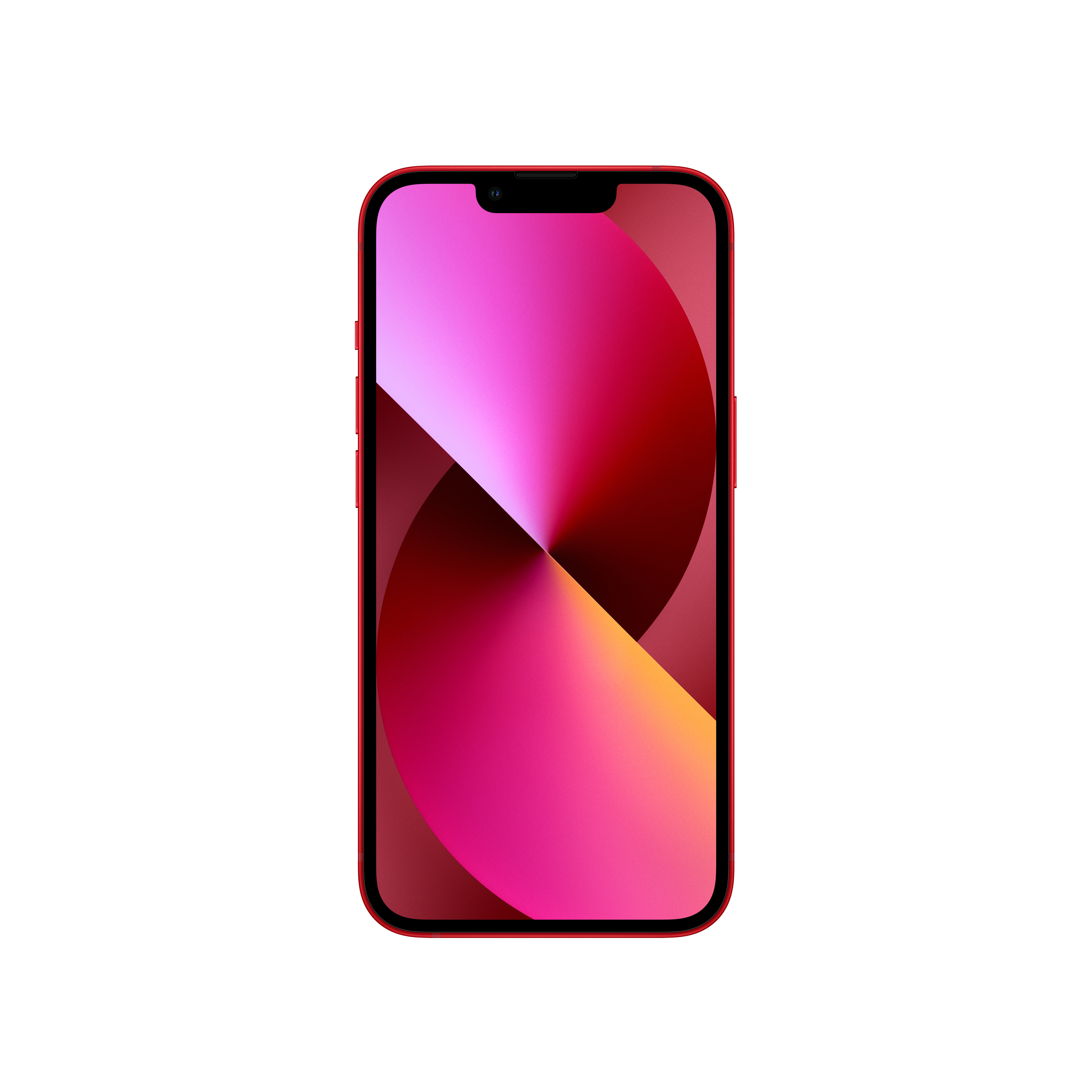 Czerwony iPhone 13 z jasnoróżowym i czerwonym gradientowym wyświetlaczem, na białym tle.