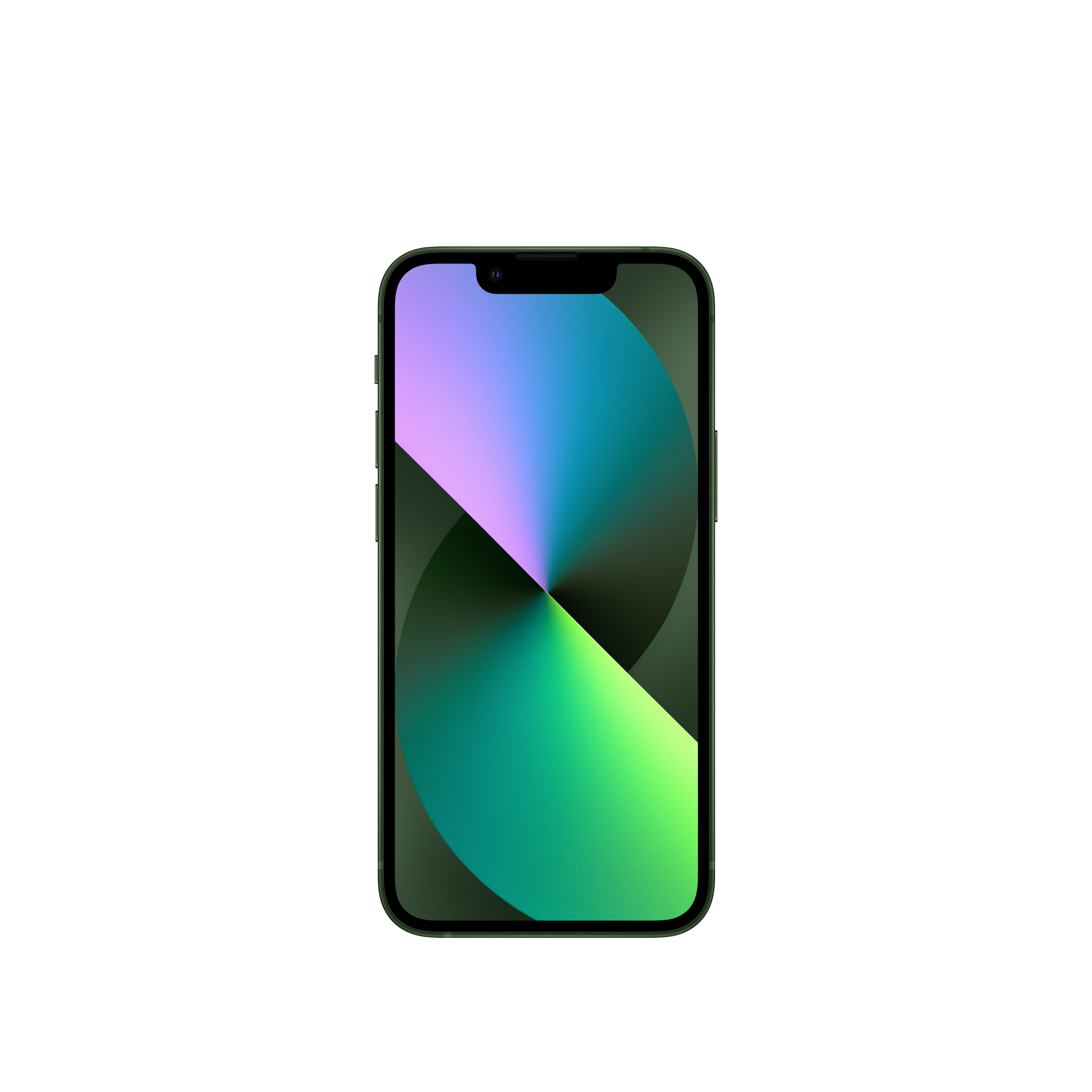 iPhone verde con fondo abstracto colorido. El teléfono tiene una protuberancia de la cámara.