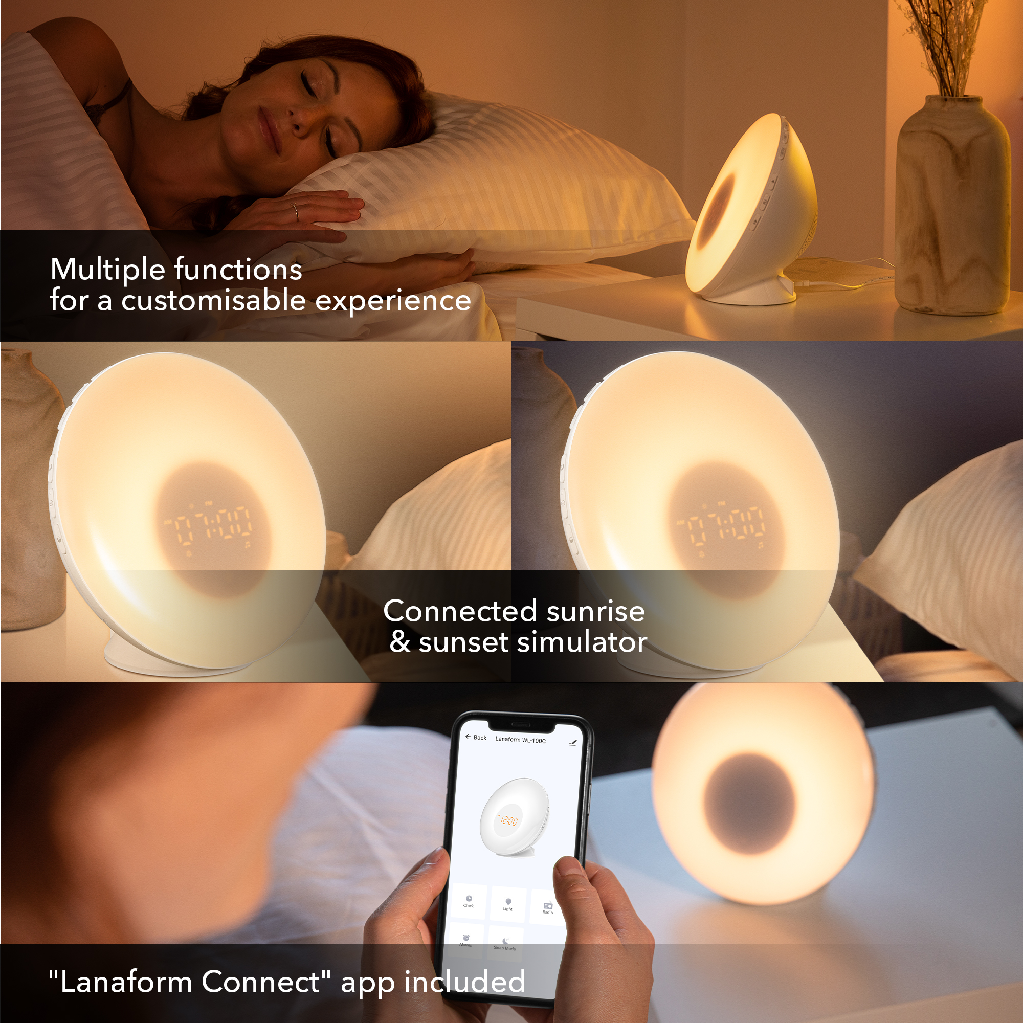 A woman sleeps next to a sunrise lamp. The lamp is on a bedside table. A phone shows the lamp's app.