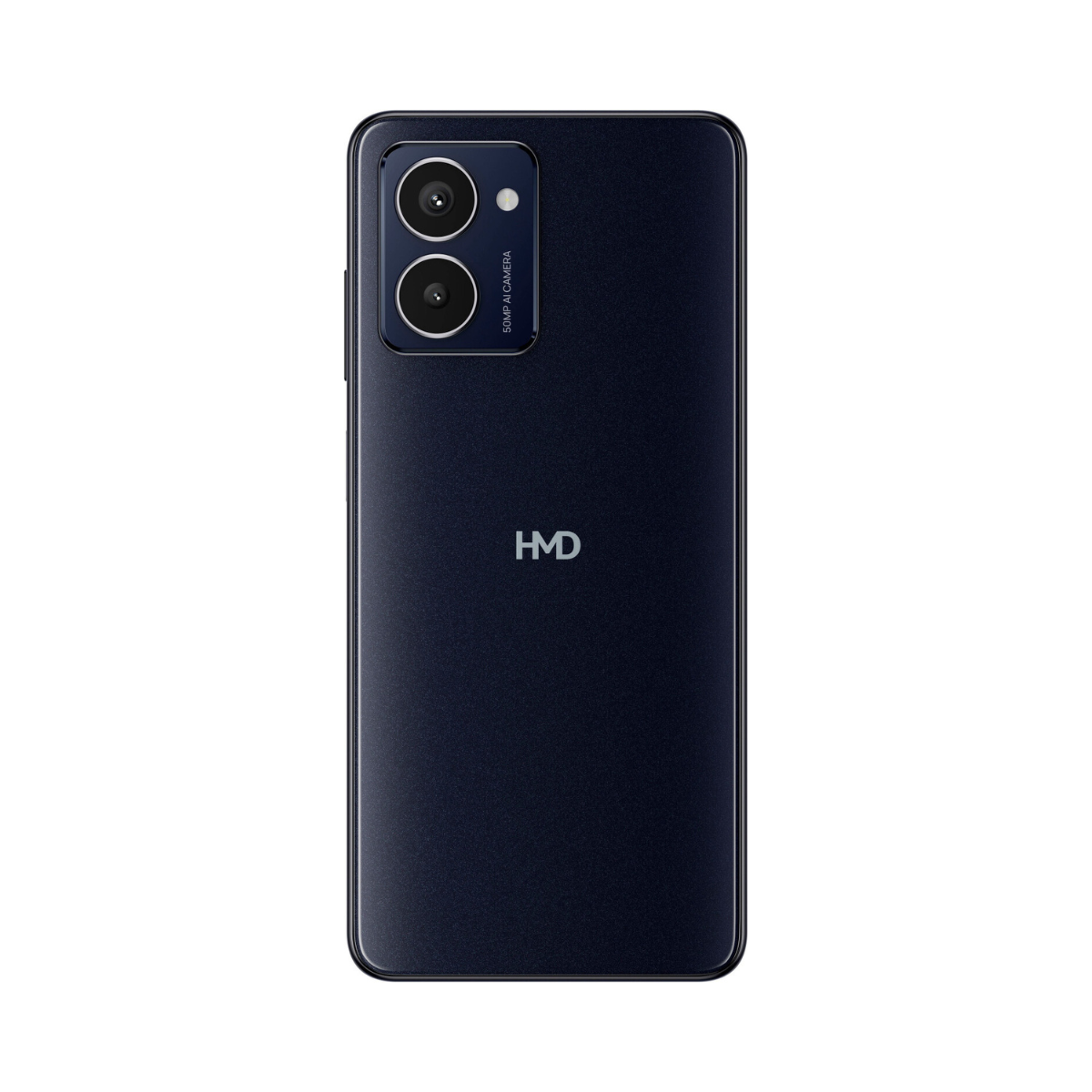 Schwarzes Smartphone, Rückansicht. Es hat zwei Kameras und das HMD-Logo auf dunkelblauem Grund.
