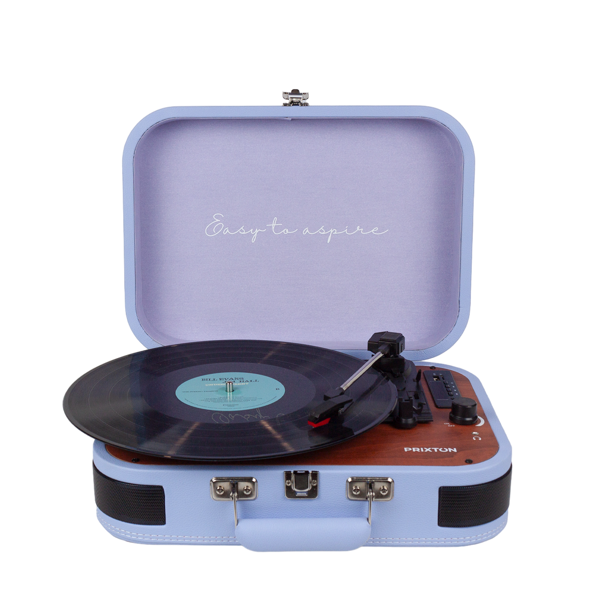 Niebieski gramofon z płytą, otwarta pokrywa. Białe tło.