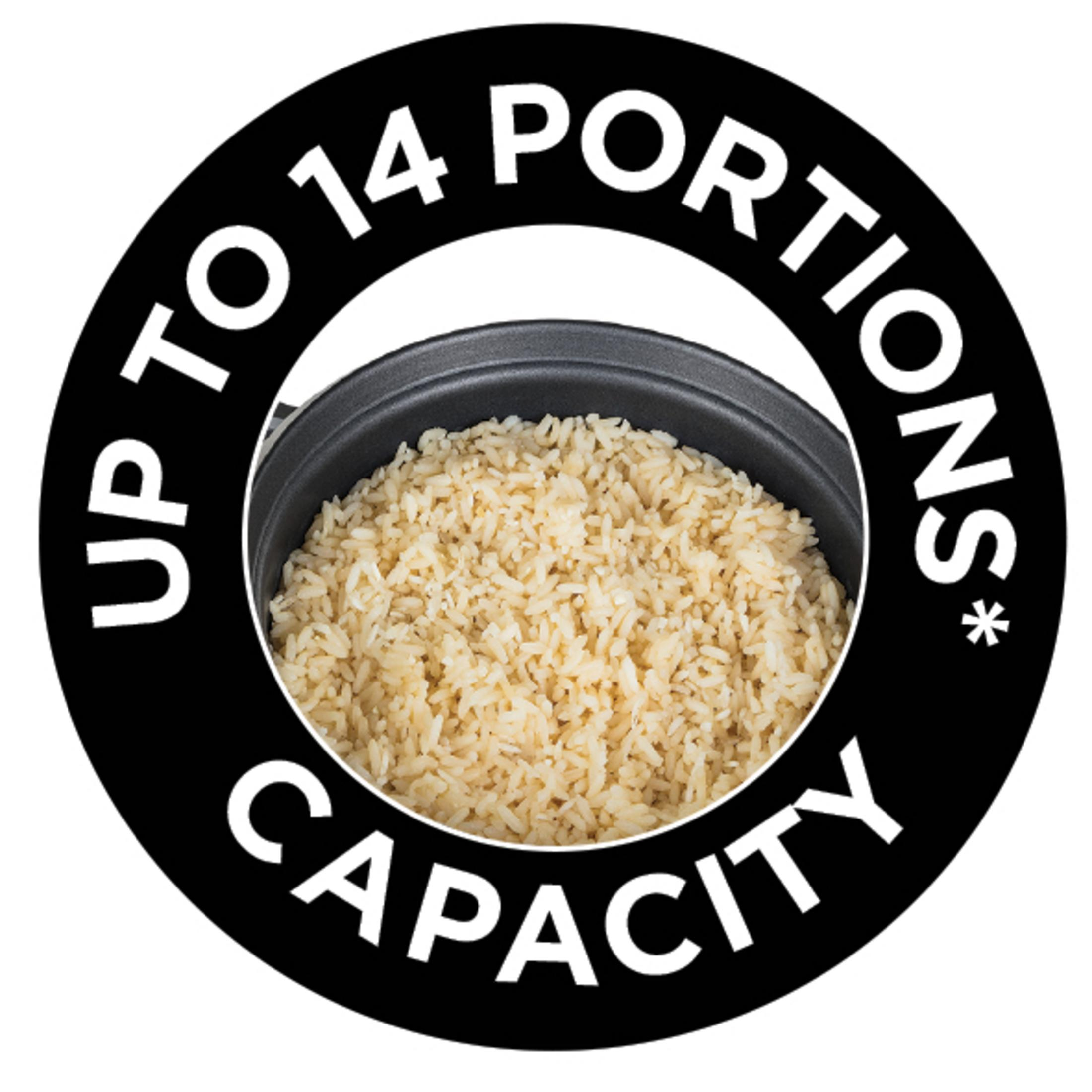 Un'etichetta circolare in bianco e nero che indica "UP TO 14 PORTIONS CAPACITY" con riso all'interno.