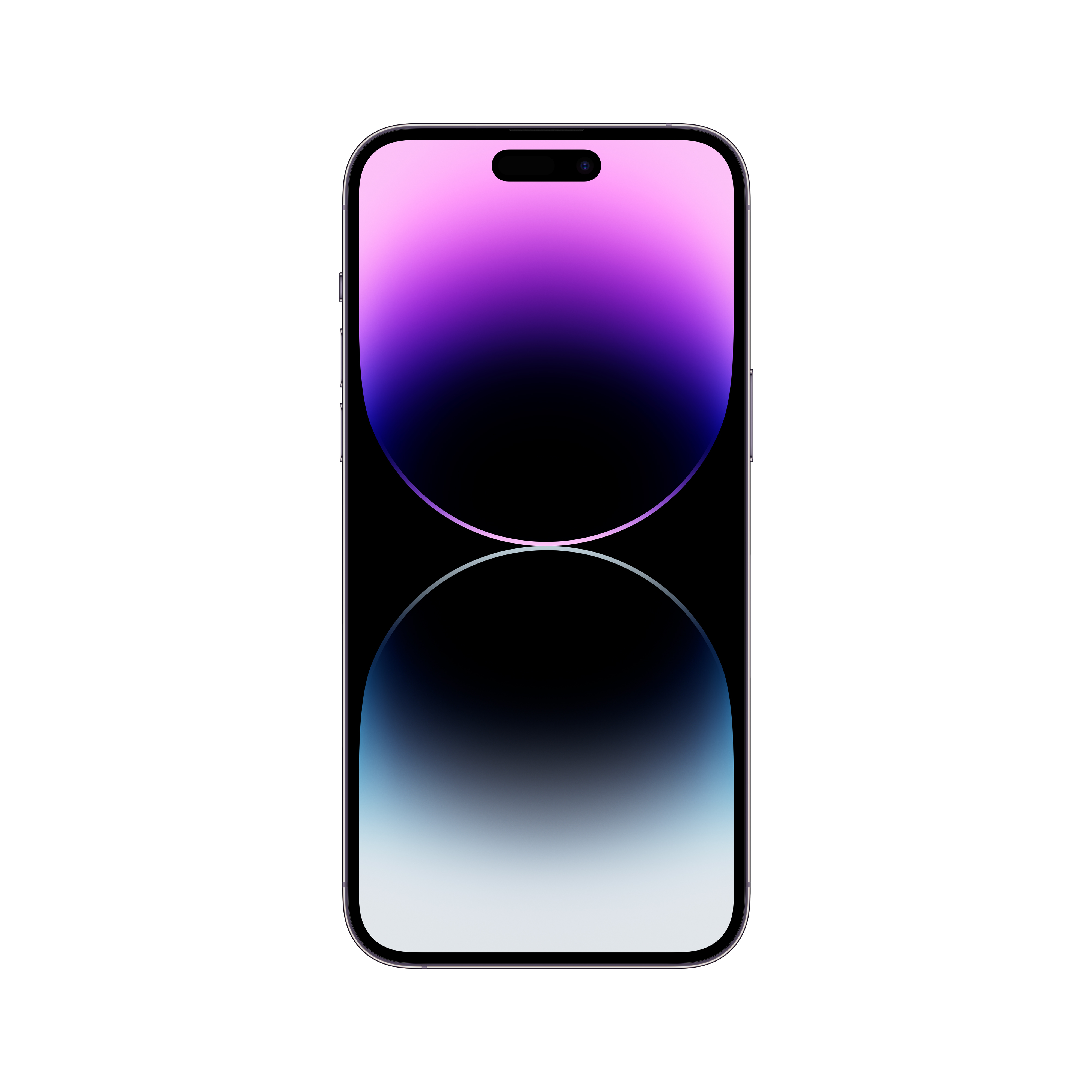 Fioletowy gradient iPhone 14 Pro. Trzy kamery, czarny ekran i srebrna ramka.