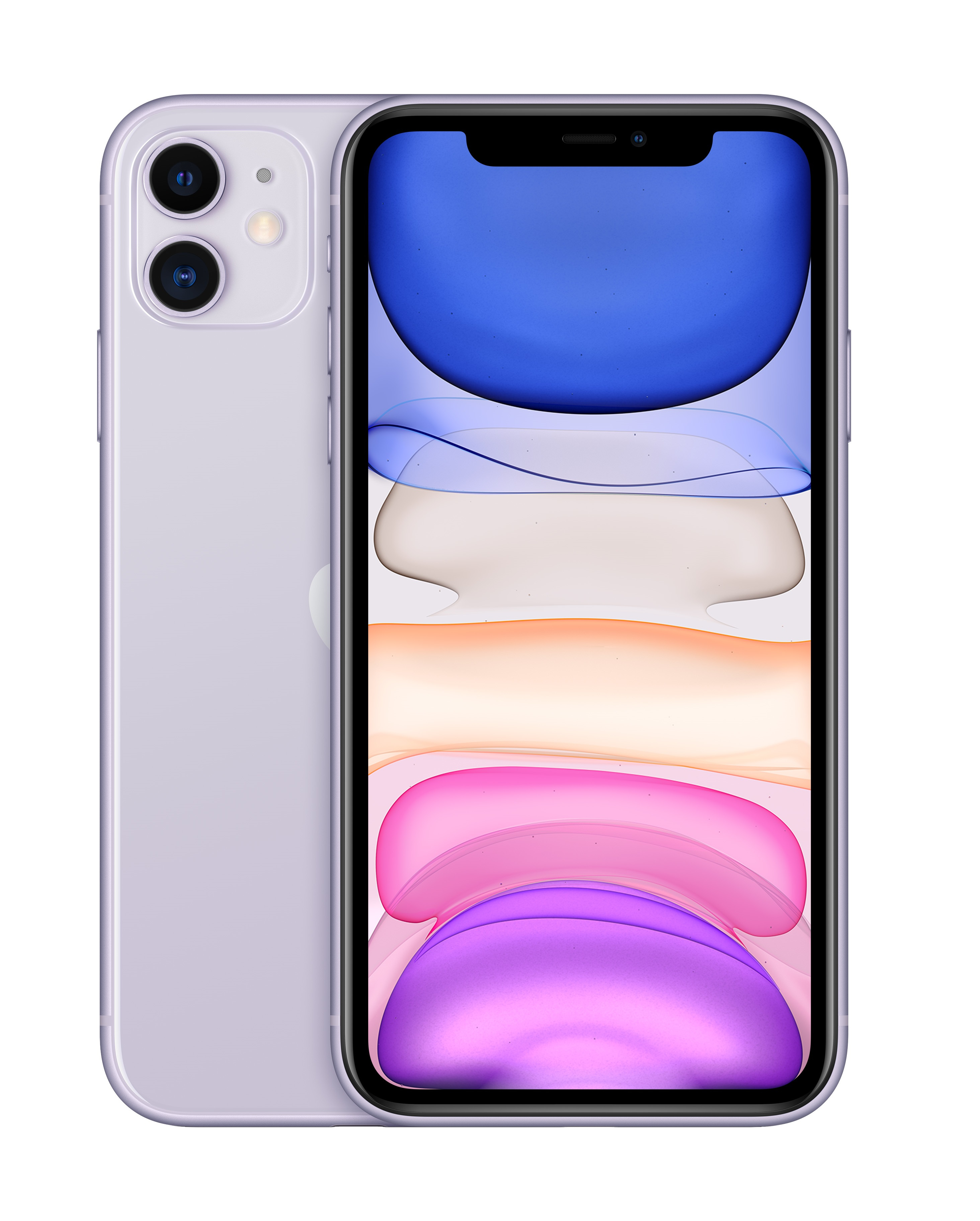 Fioletowy iPhone z dwoma aparatami. Przód wyświetla kolorowe tło. Białe tło.