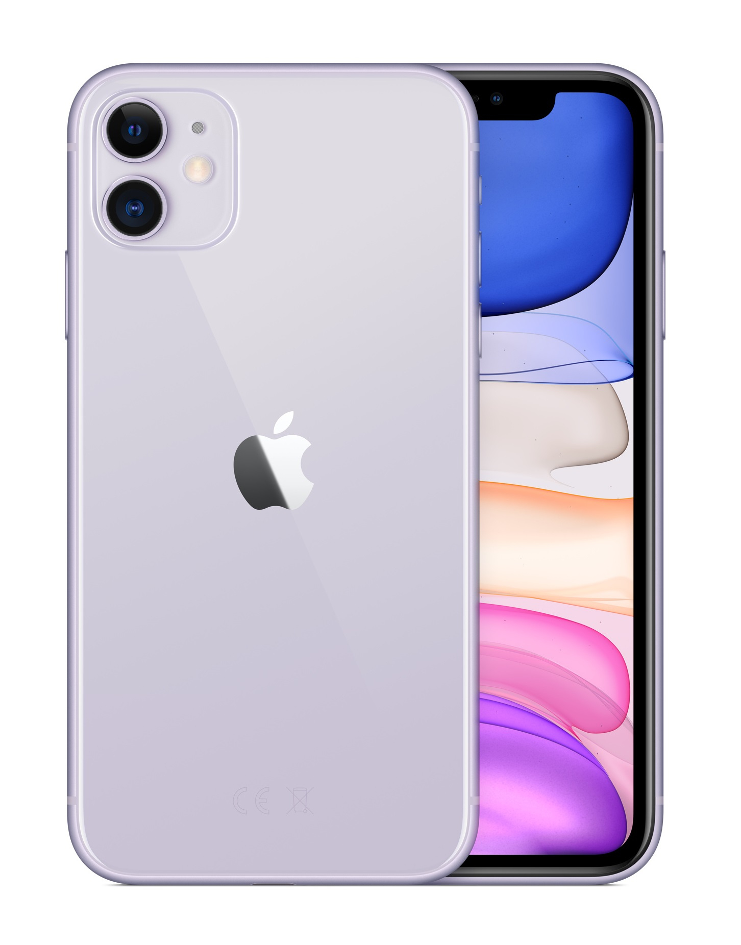 Fioletowy iPhone z podwójnym aparatem. Ekran wyświetla kolorową tapetę. Białe tło.