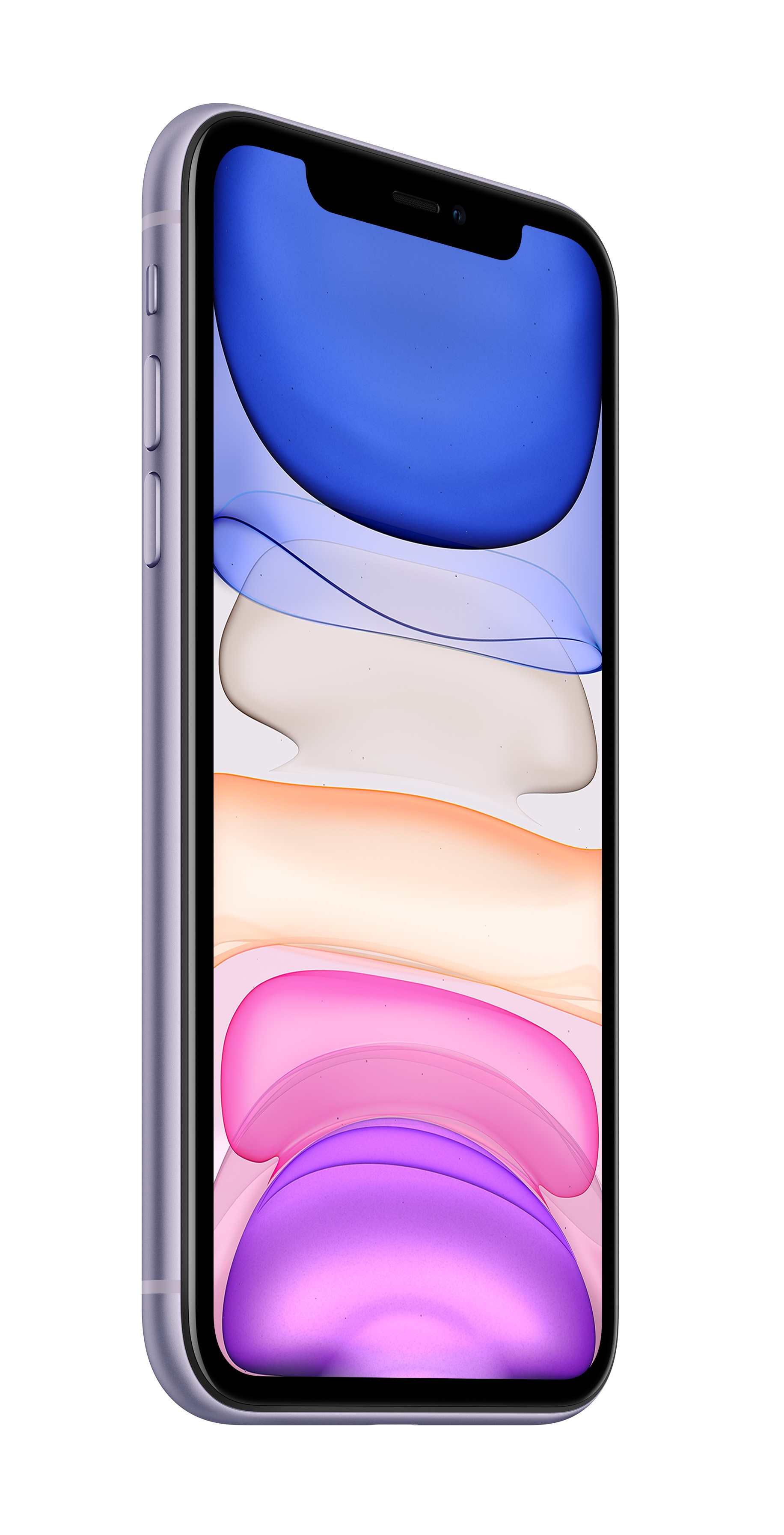 Fioletowy iPhone 11 Pro, widok z boku, z włączonym ekranem, na białym tle.