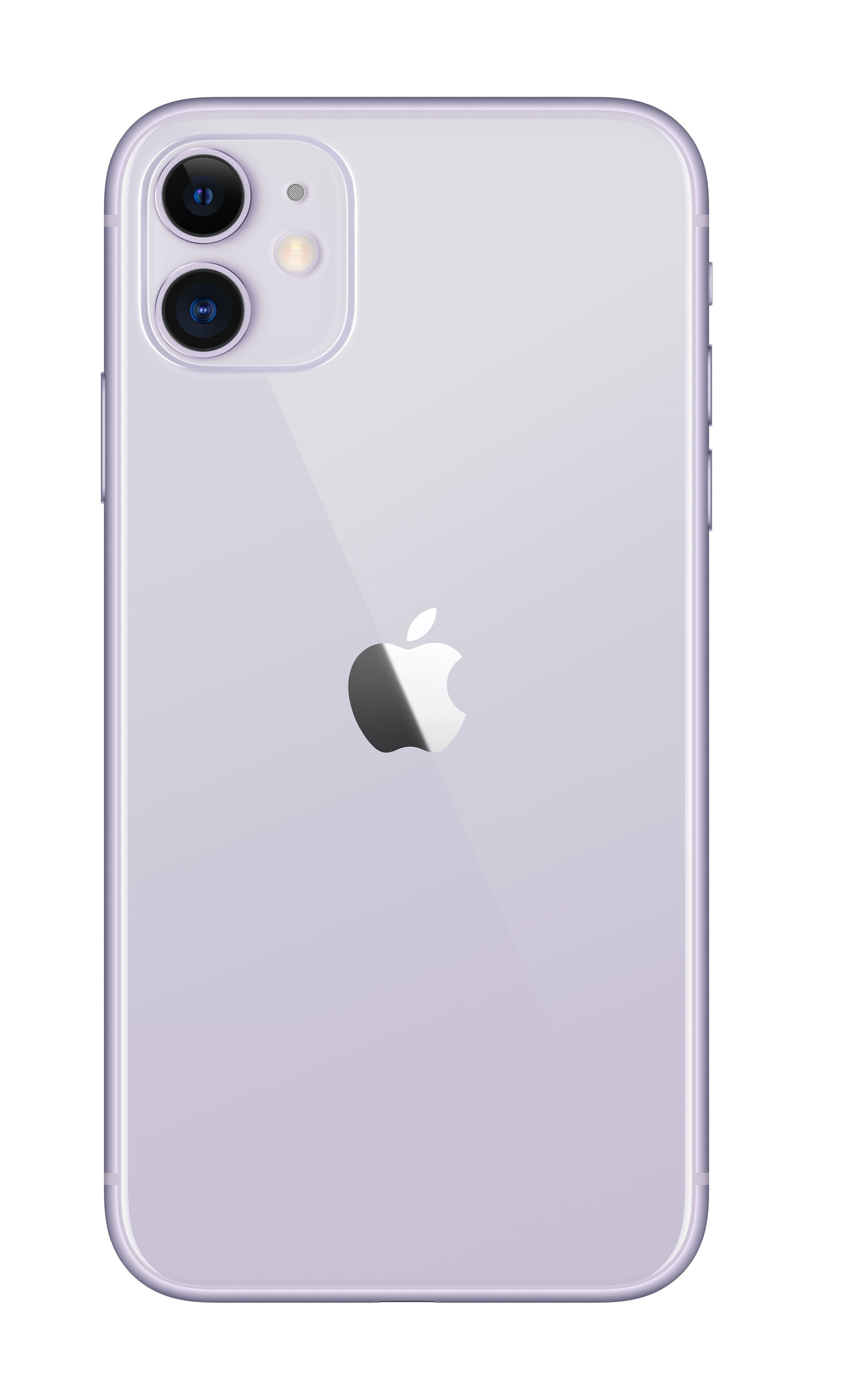 Widok z tyłu fioletowego iPhone'a z dwoma aparatami i logo Apple na białym tle.