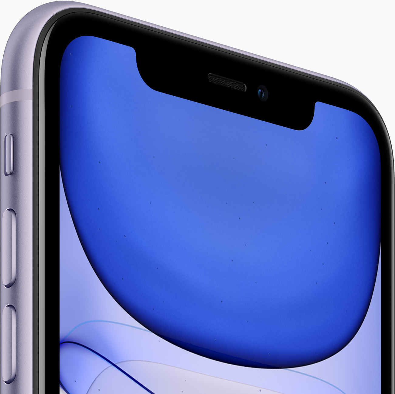 Ekran iPhone'a z niebieską tapetą, aparatem i głośnikiem przednim.