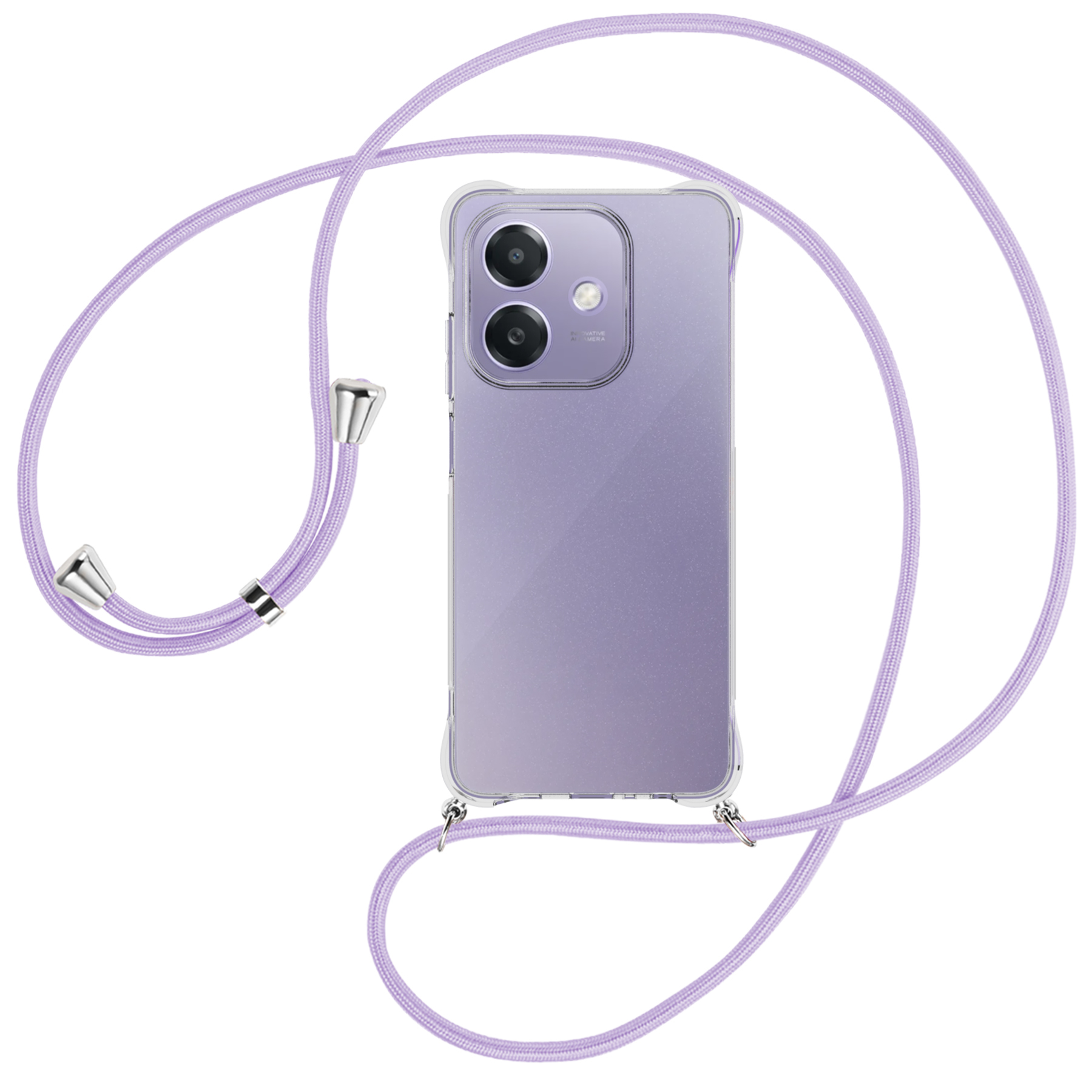 Telefon mit durchsichtiger Hülle und lila Kordel. Silberakzente. Weißer Hintergrund.