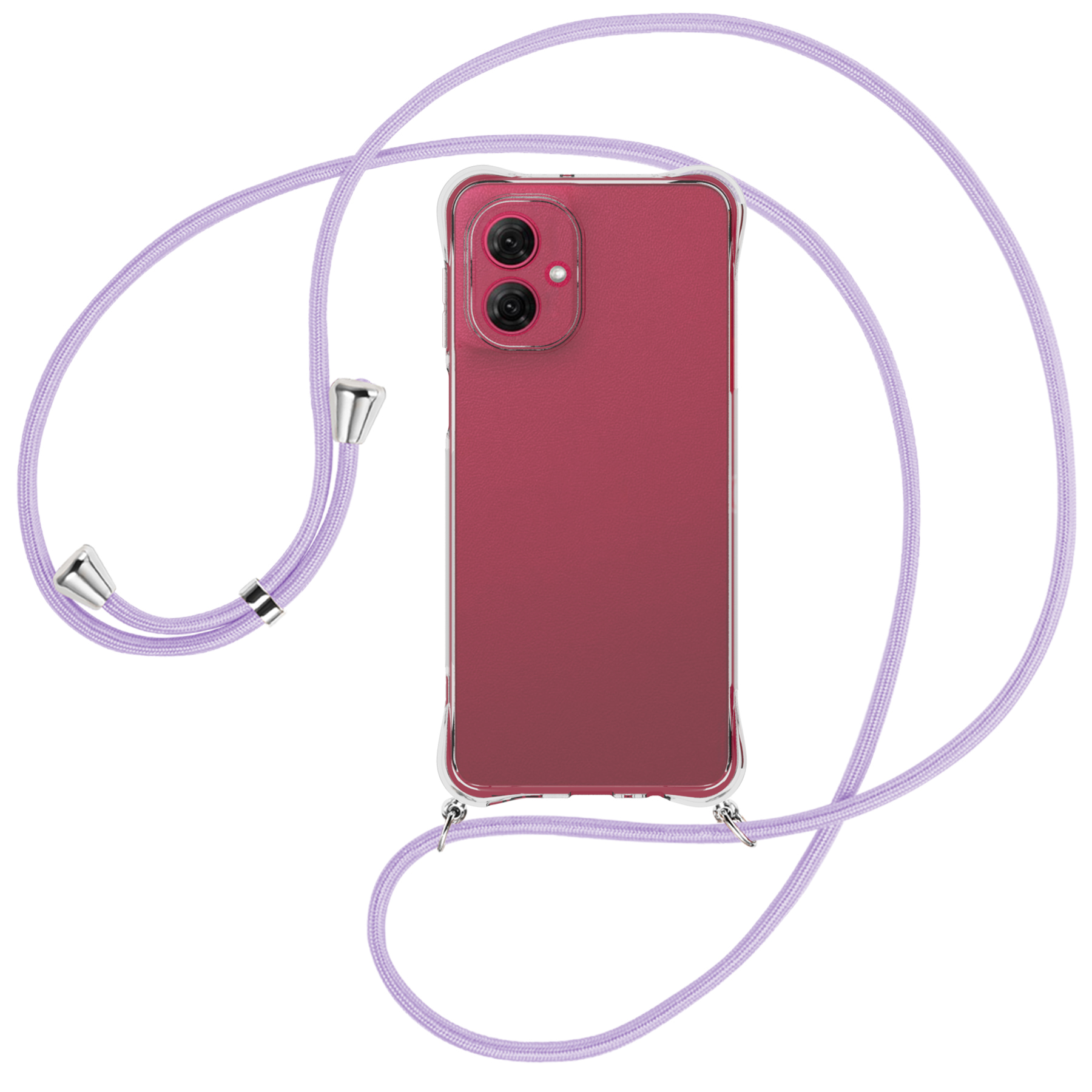 Ein Telefon in einer durchsichtigen Hülle mit einem lilafarbenen Umhängeband. Das Telefon ist rot.