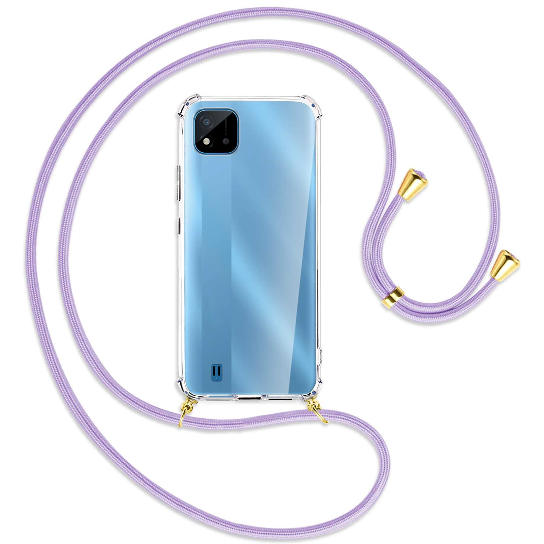 Eine Handyhülle mit lila Umhängeband. Das Telefon hat eine blaue Rückseite und eine Kamera.