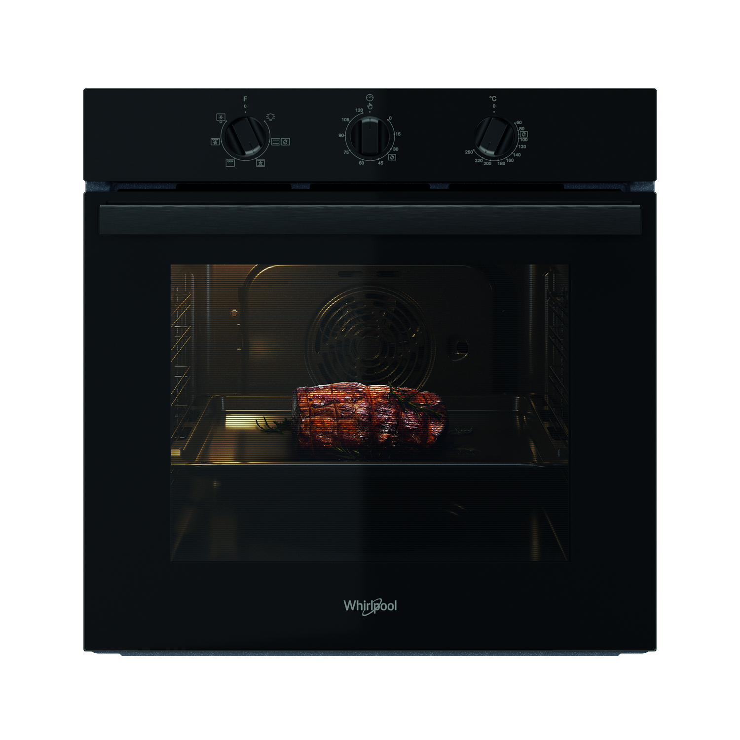 Black built-in oven with a roasted meat inside, dials on top, black background.