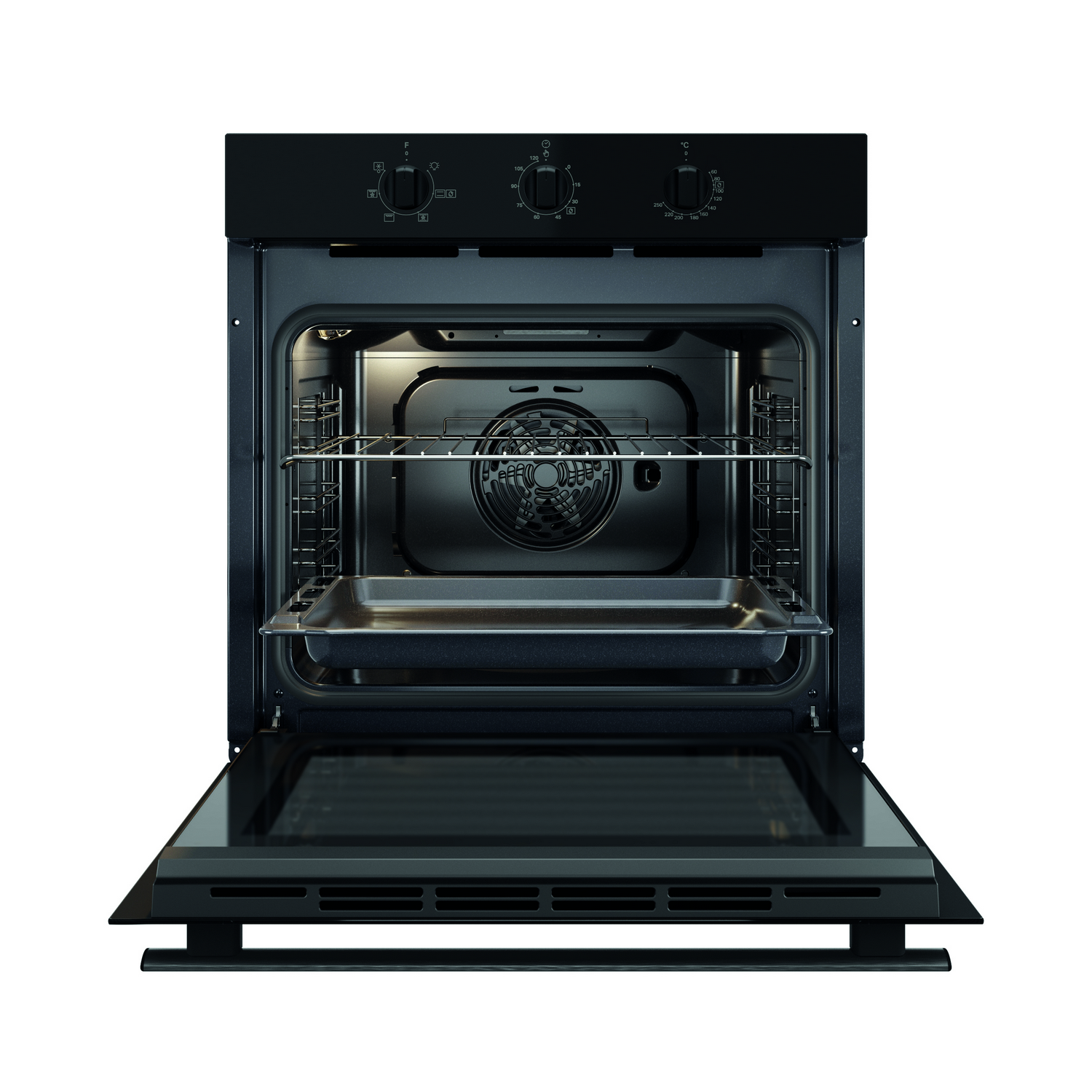 Black oven with open door, inside tray and racks visible, controls on top.