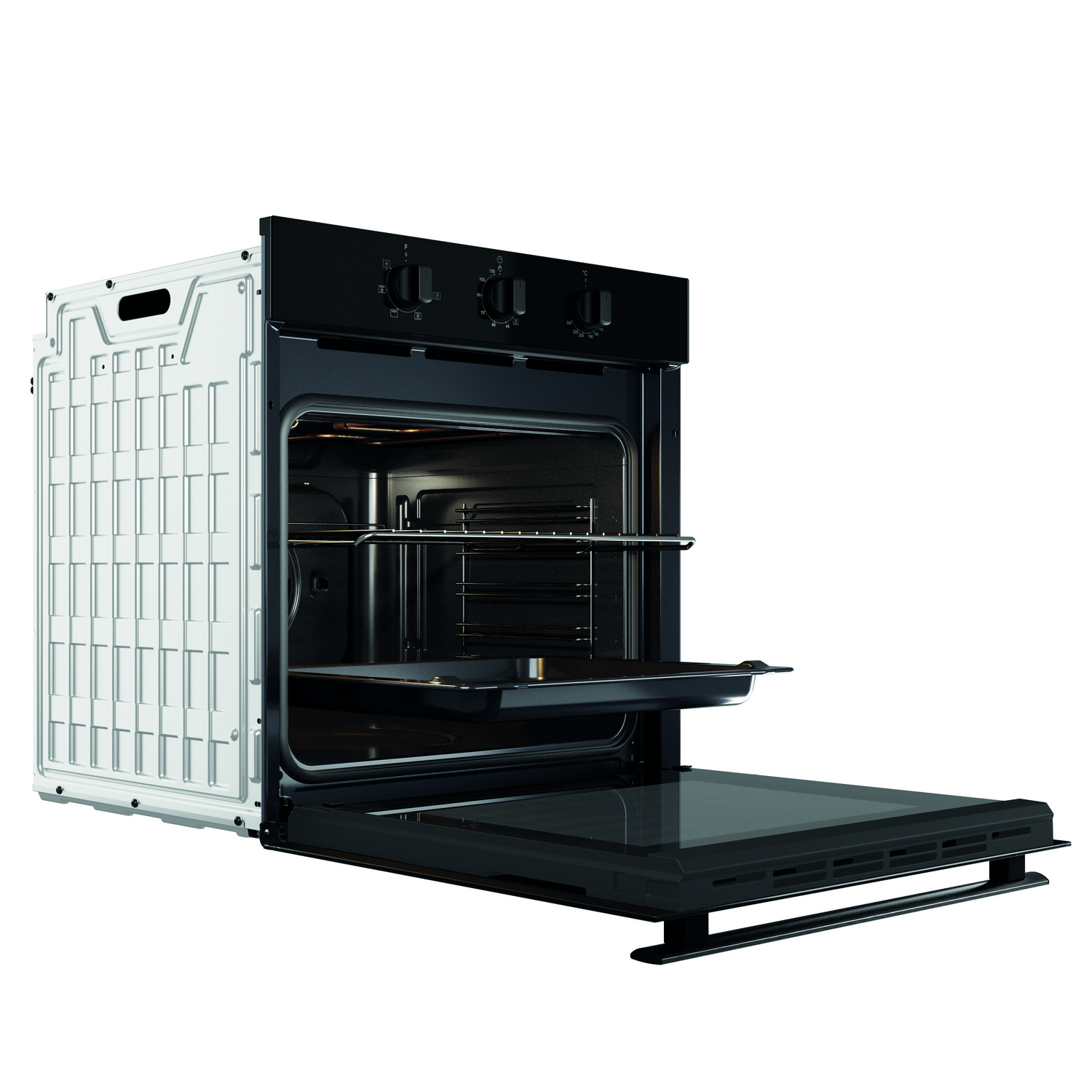 Oven with open door. Interior with racks and a tray. Black and white design.