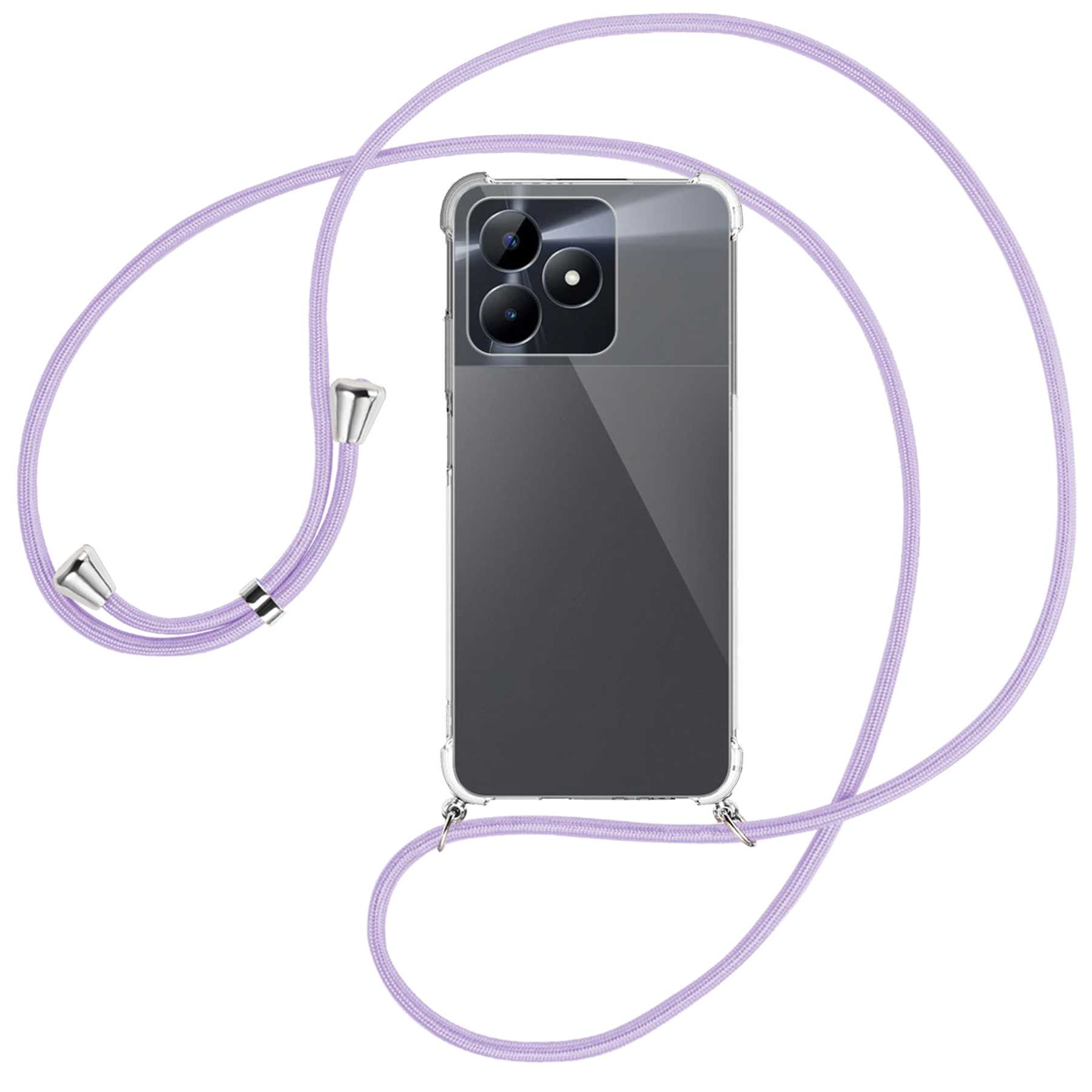 Telefon in klarer Hülle mit lila Kabel. Silberakzente an den Kabelenden.