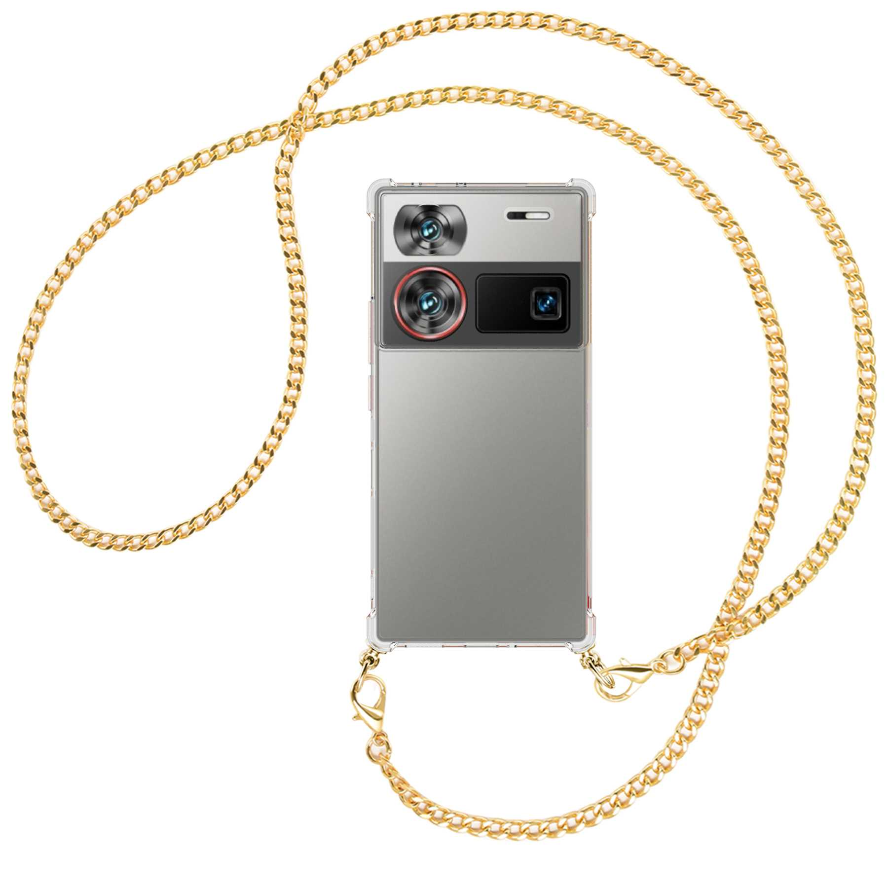 Handyhülle mit einer goldenen Kette. Das Telefon befindet sich in einer transparenten Hülle.